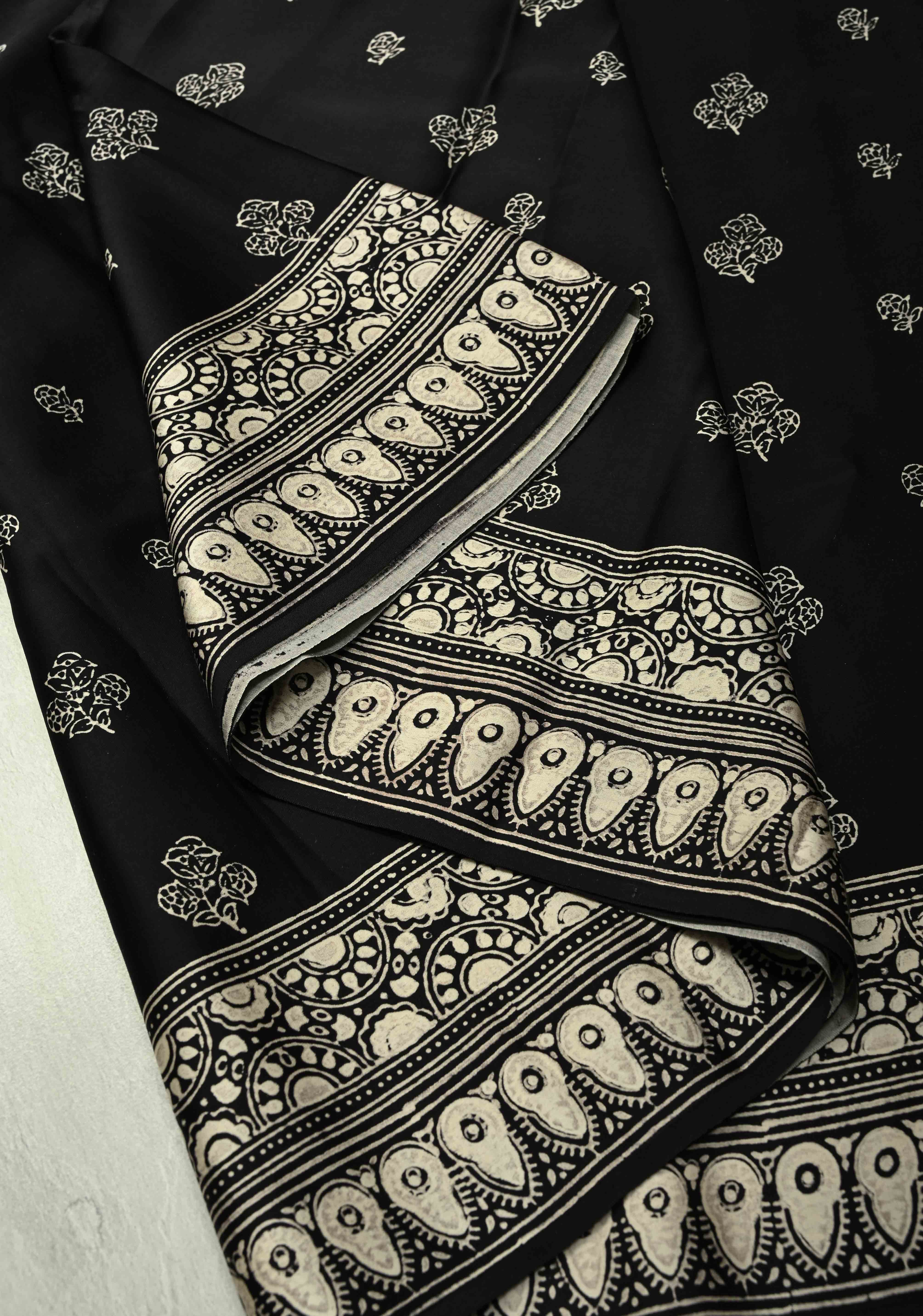 Black-White Modal Silk Saree with Ajrakh Hand Block Print | Shobitam