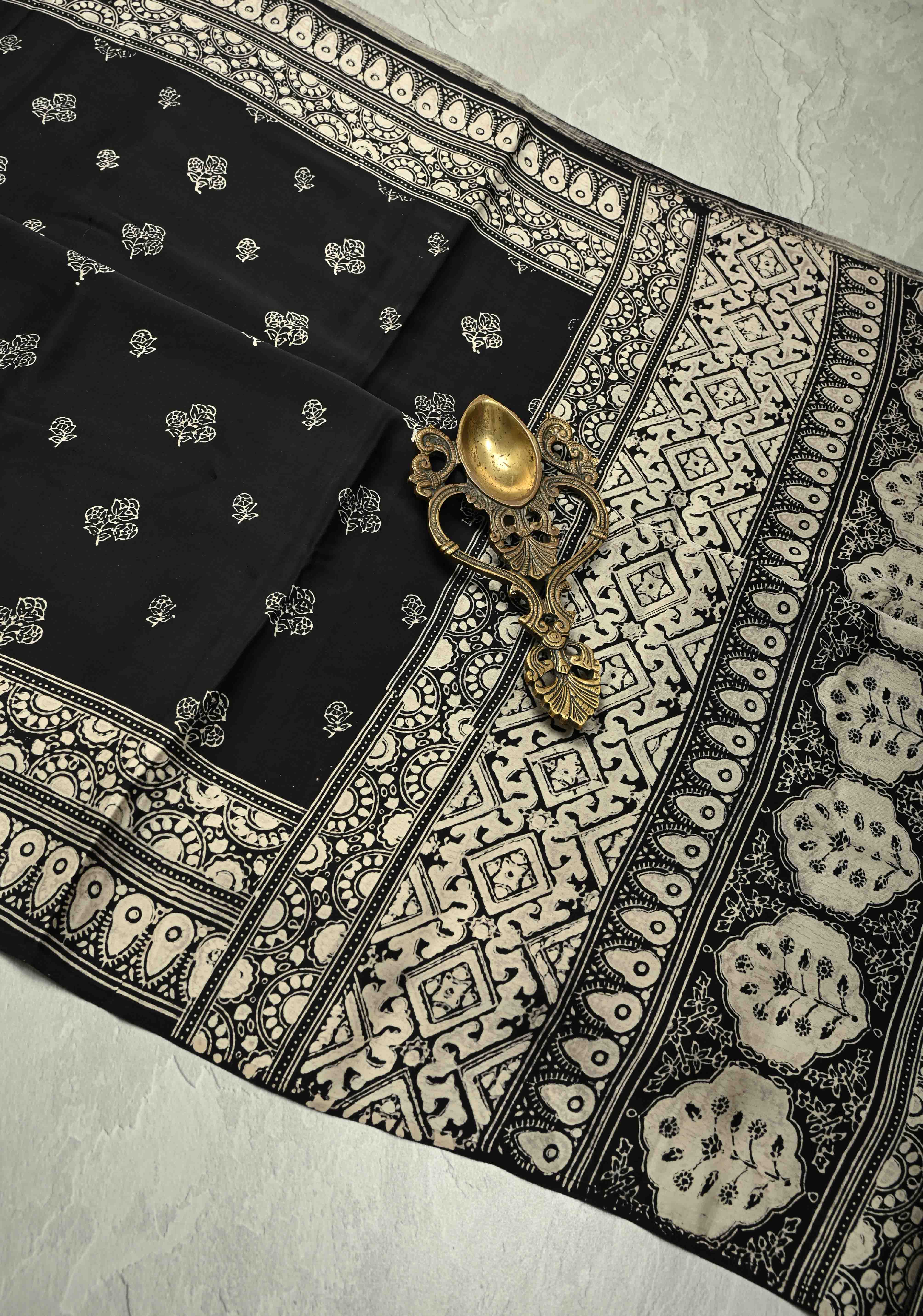 Black-White Modal Silk Saree with Ajrakh Hand Block Print | Shobitam