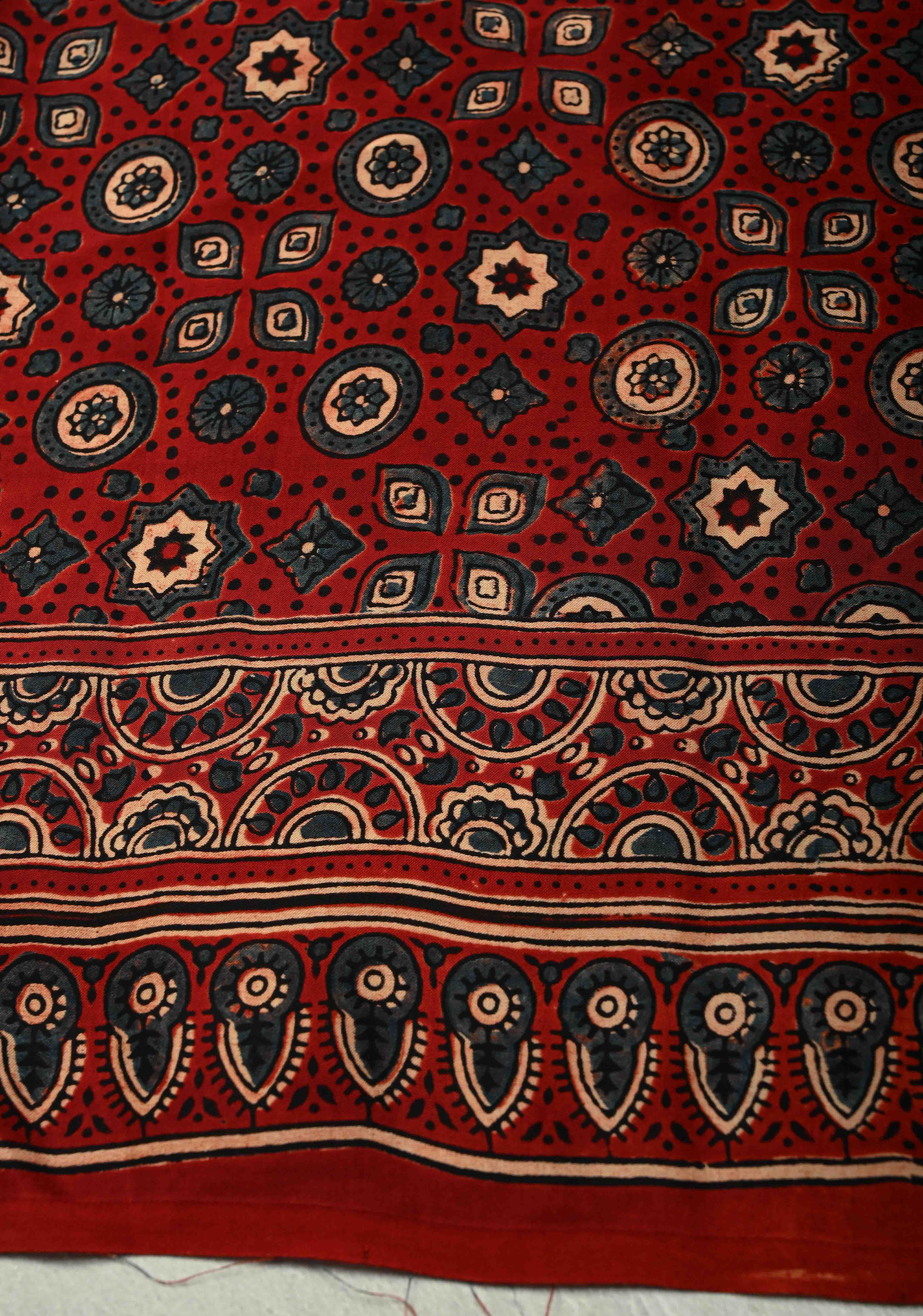 Black-White Modal Silk Saree with Ajrakh Hand Block Print and Contrast Red Blouse Piece | Shobitam