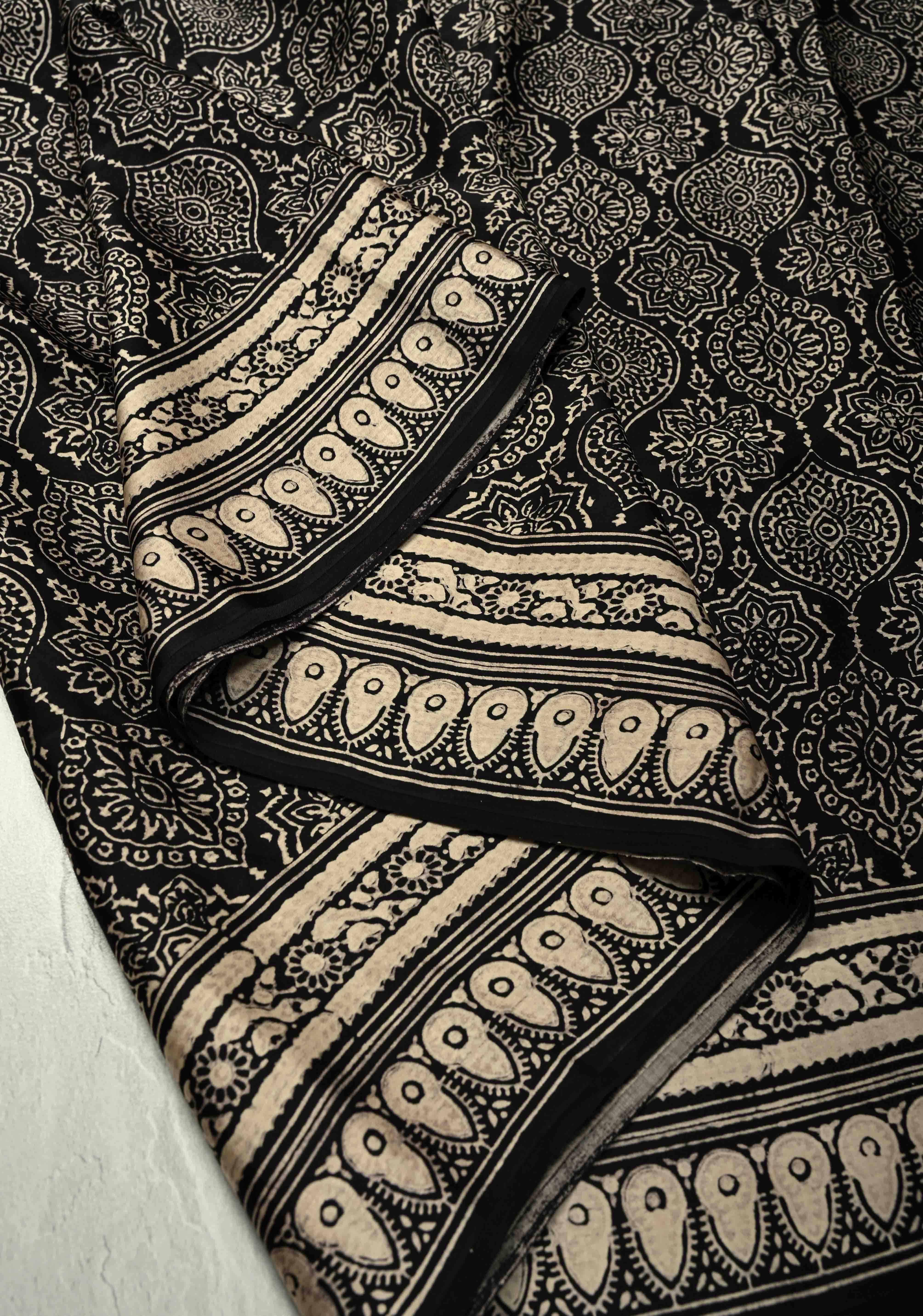Black-White Modal Silk Saree with Ajrakh Hand Block Print and Contrast Red Blouse Piece | Shobitam