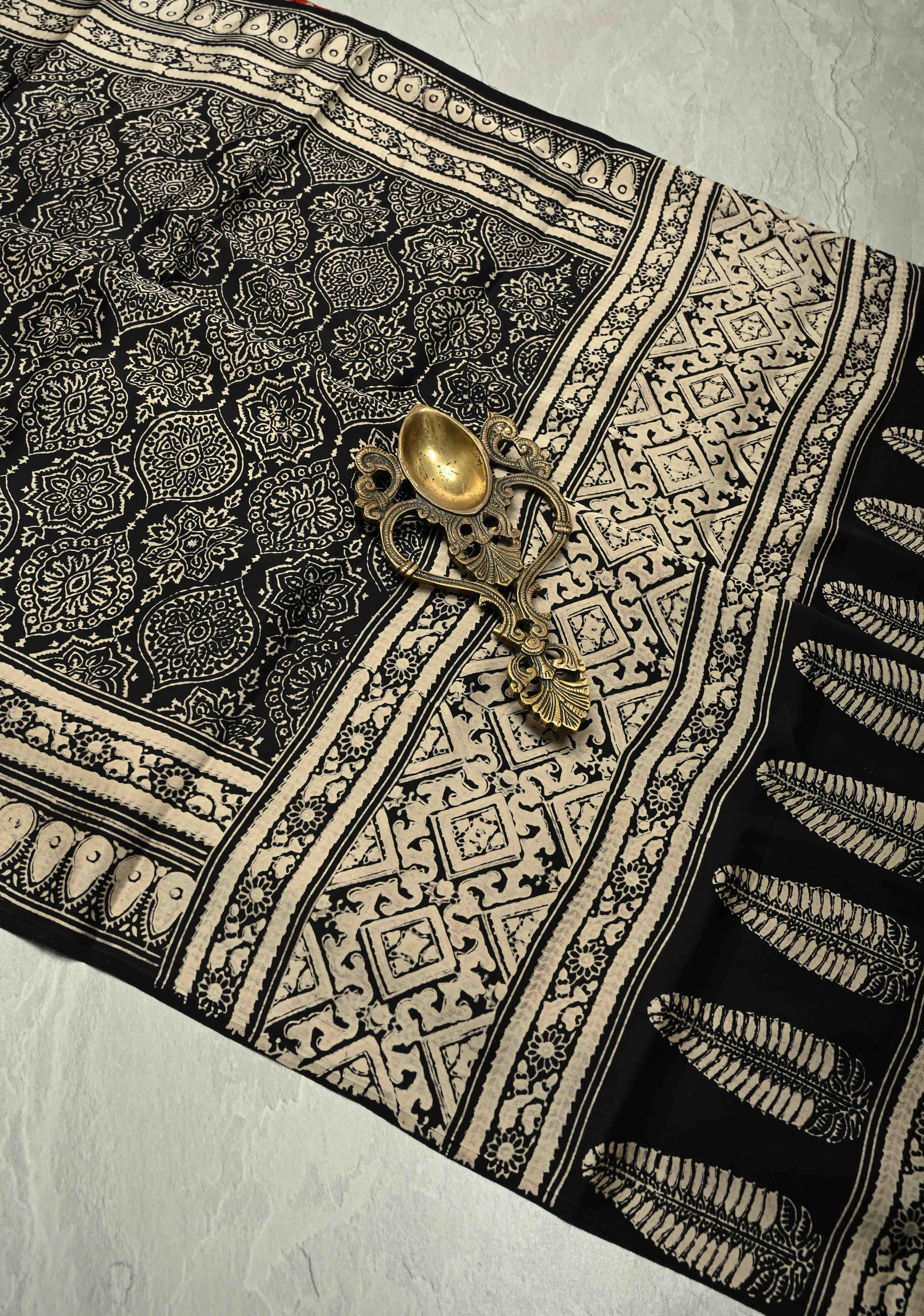 Black-White Modal Silk Saree with Ajrakh Hand Block Print and Contrast Red Blouse Piece | Shobitam