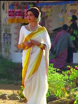 Deepika Padukone Chennai Exppress inspired Kerala Kasavu offwhite with zari border wrap in 1 minute saree