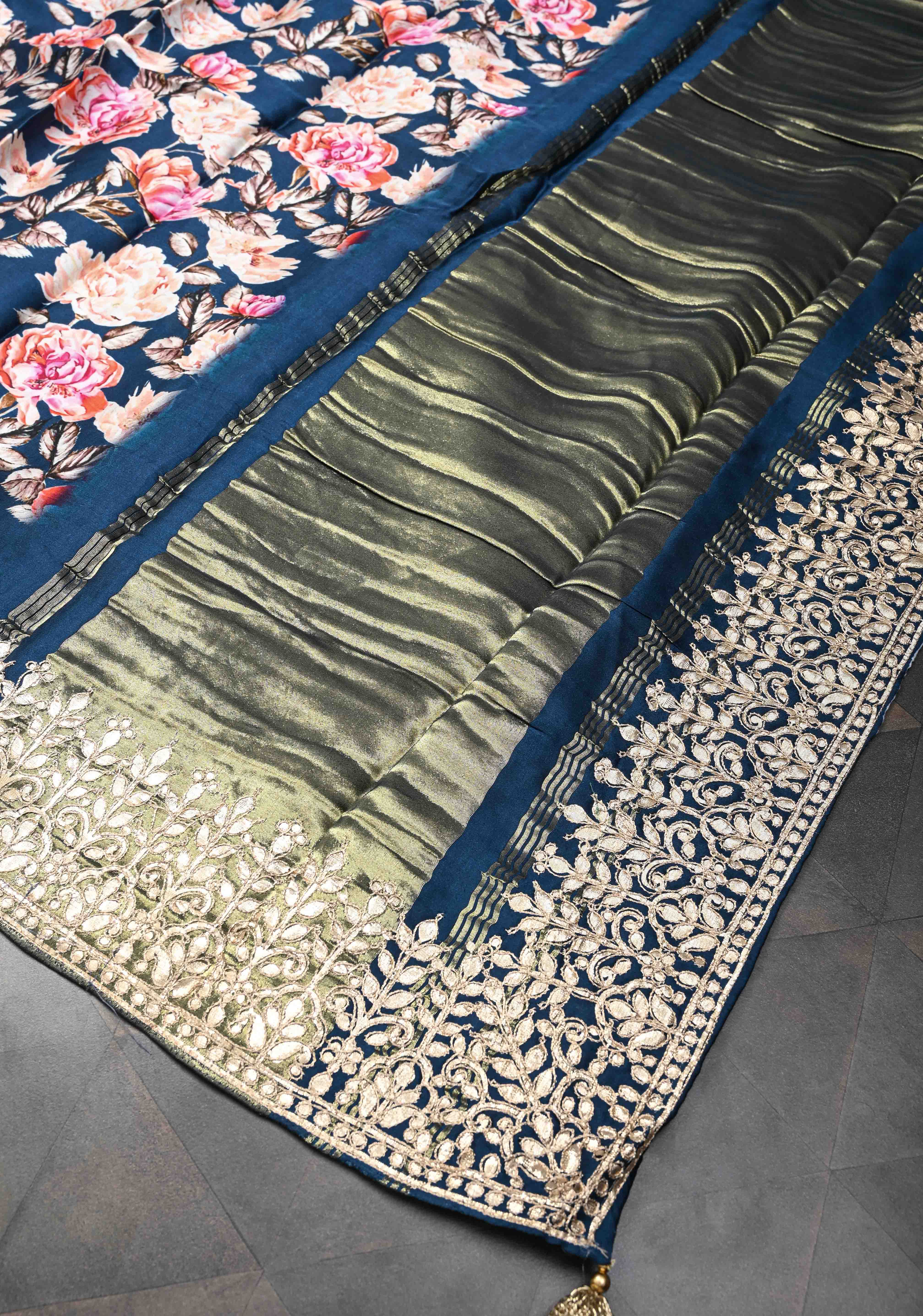 Navy Blue Gajji Silk Saree with Floral Print and Crushed Zari Pallu | Shobitam