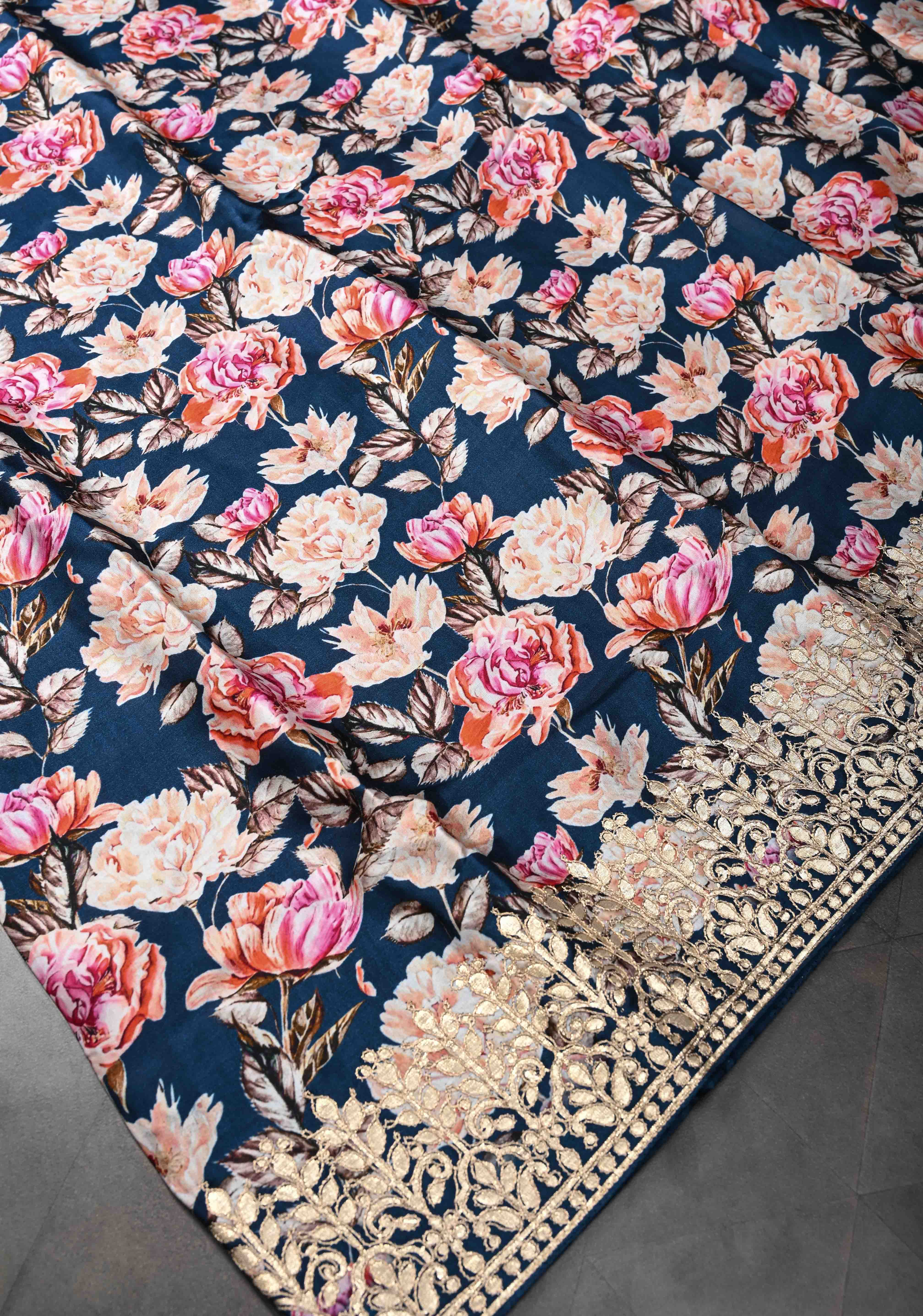 Navy Blue Gajji Silk Saree with Floral Print and Crushed Zari Pallu | Shobitam