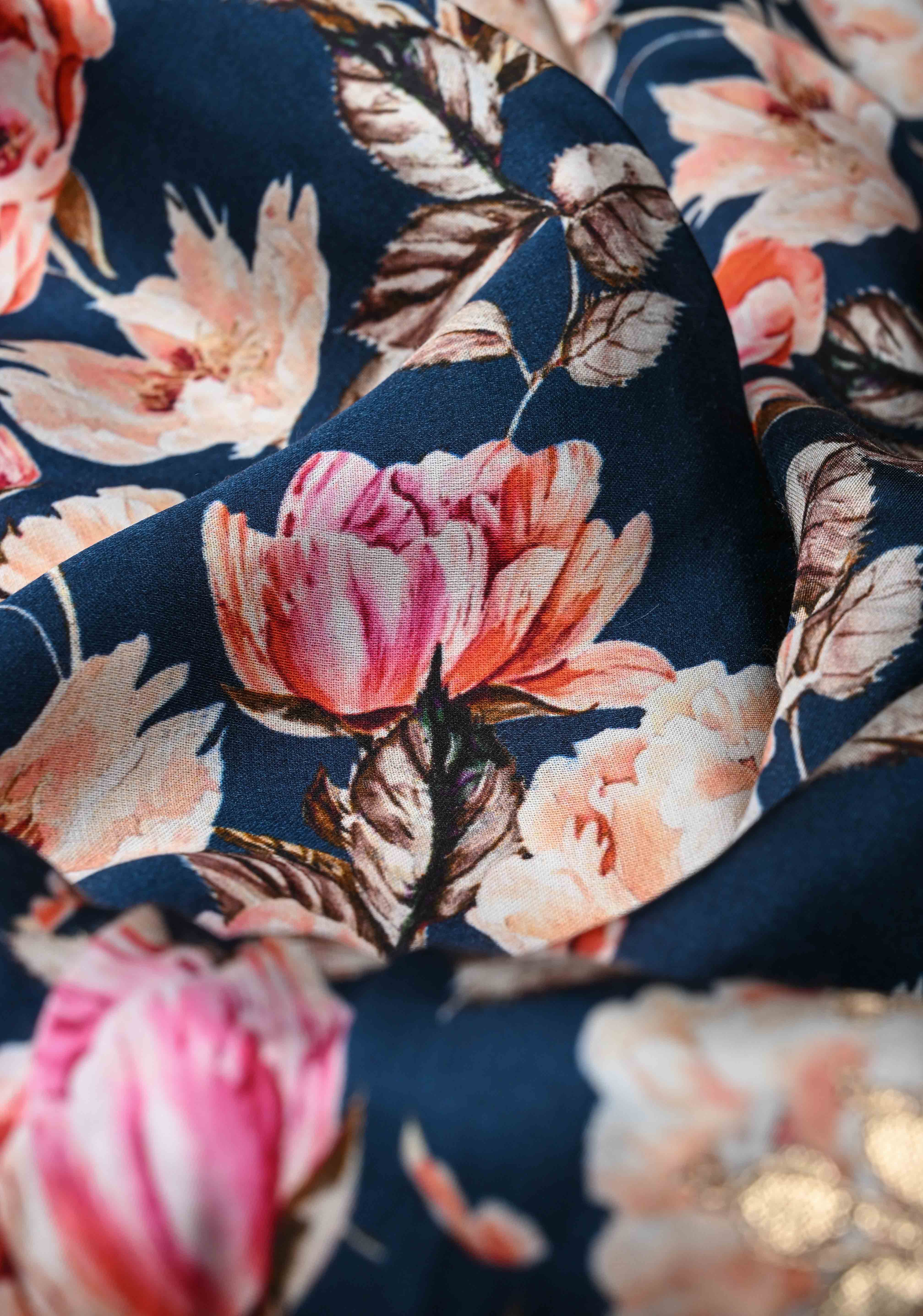 Navy Blue Gajji Silk Saree with Floral Print and Crushed Zari Pallu | Shobitam