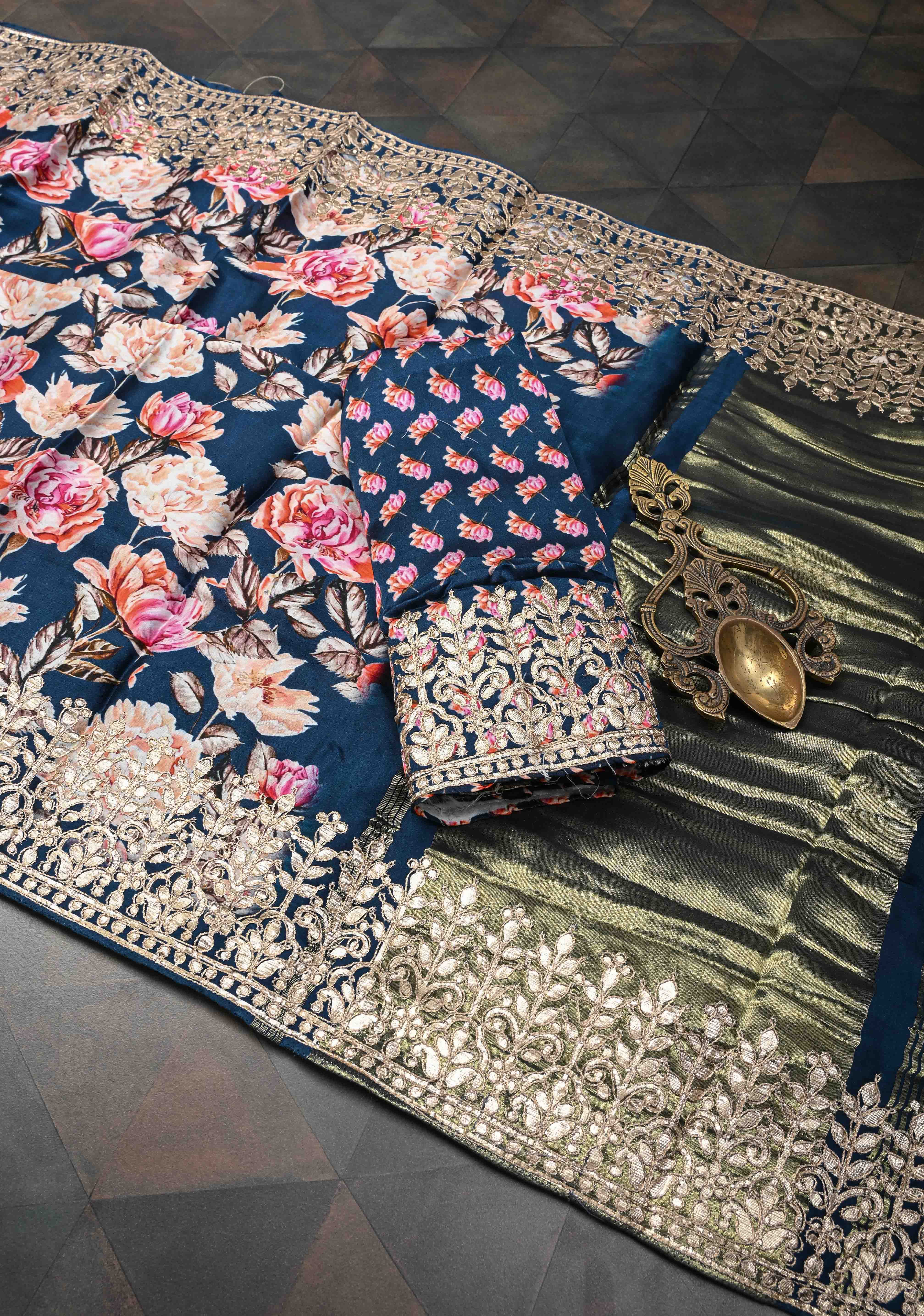 Navy Blue Gajji Silk Saree with Floral Print and Crushed Zari Pallu | Shobitam