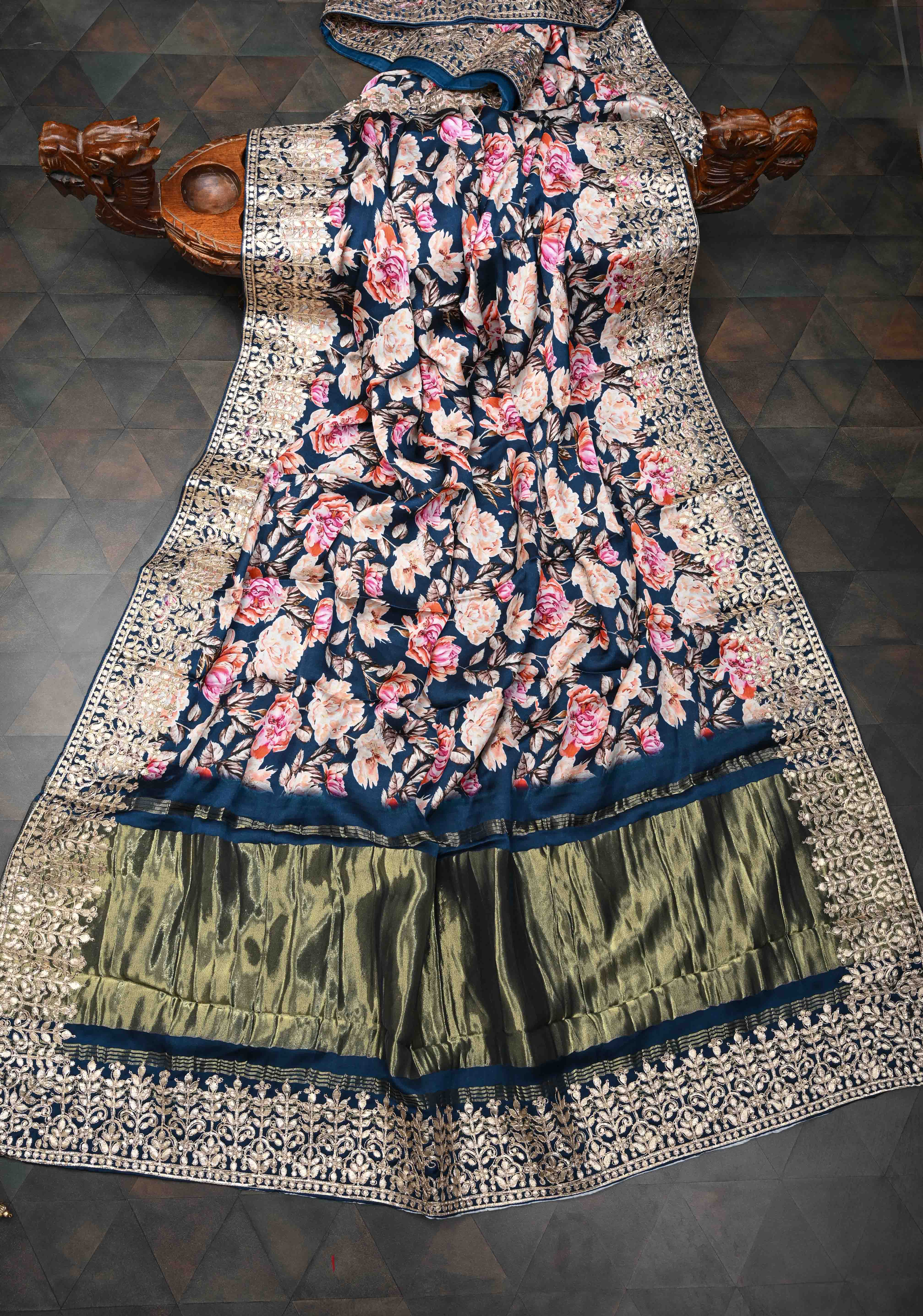 Navy Blue Gajji Silk Saree with Floral Print and Crushed Zari Pallu | Shobitam
