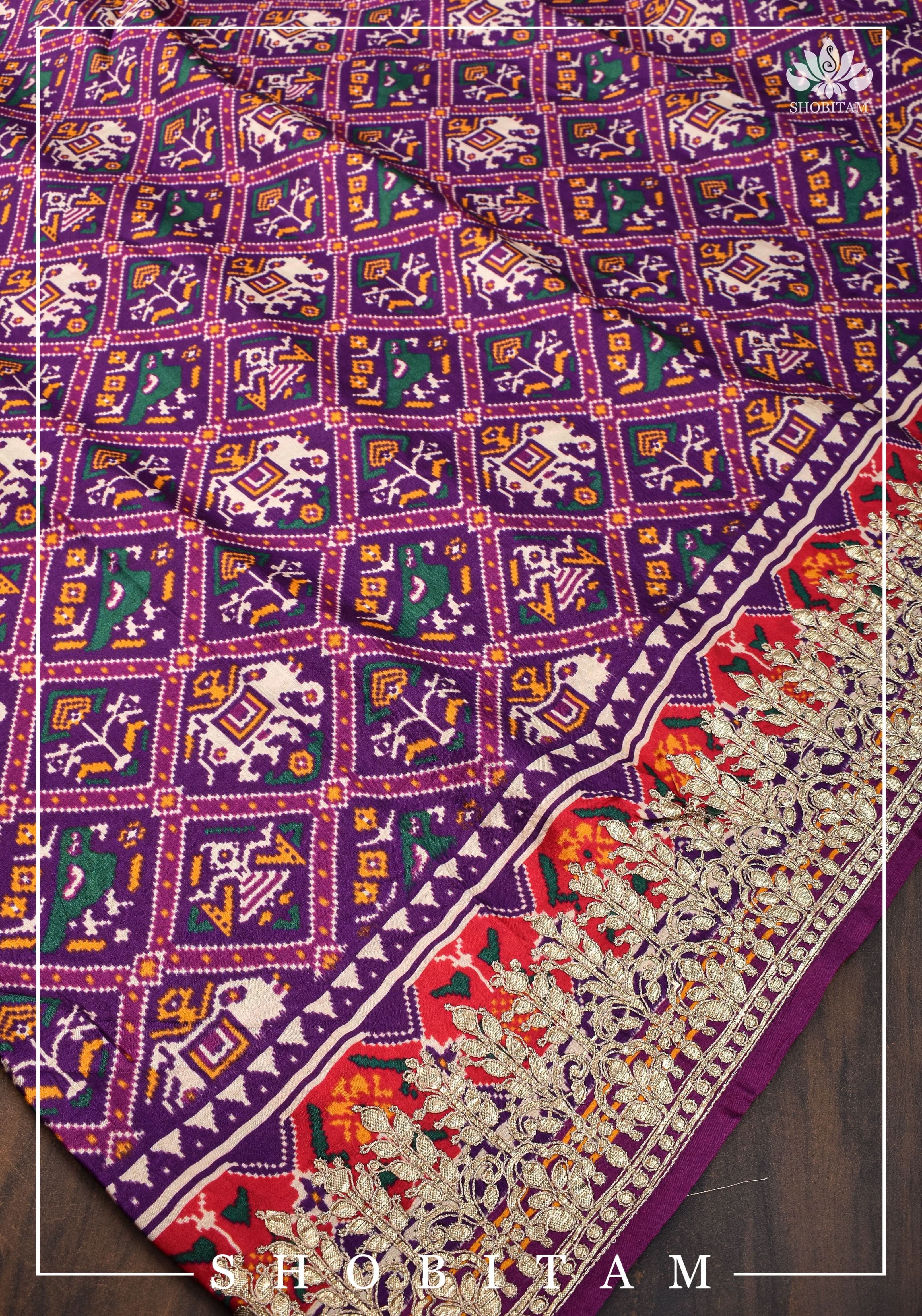 Purple tone Gajji Silk Saree with Gotta Patti Border and Patola Digital Print | Sarees by Shobitam