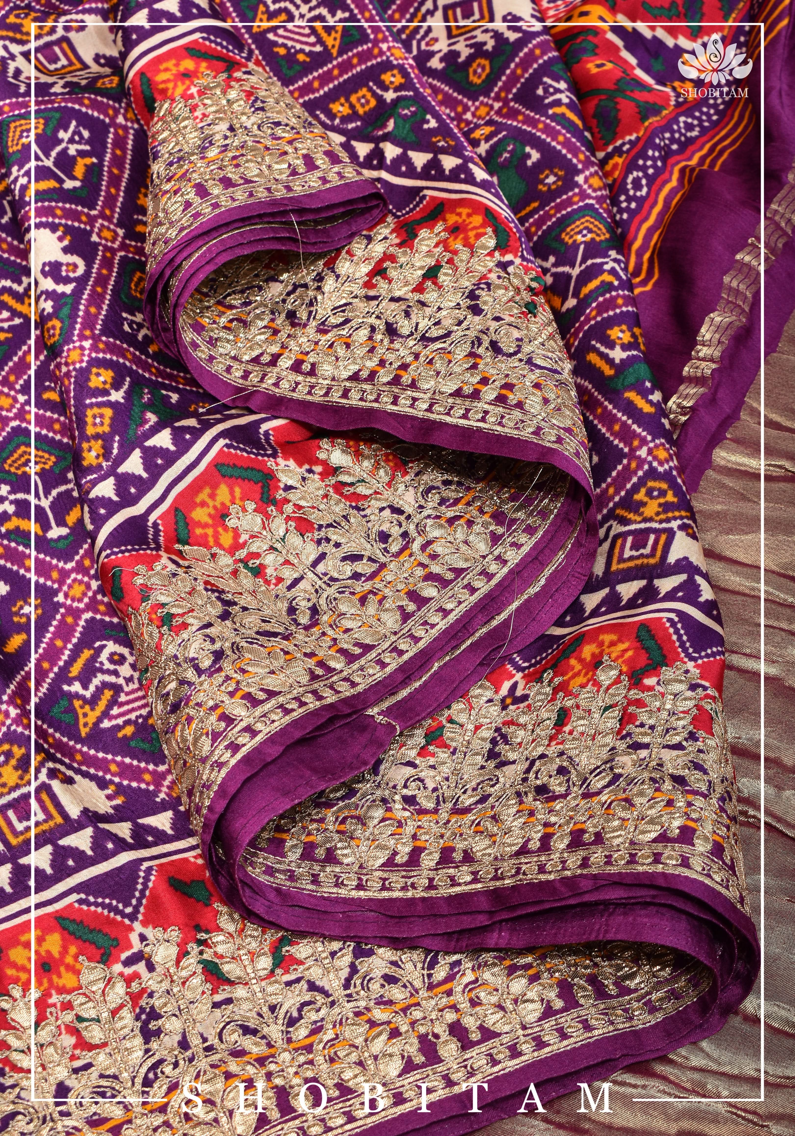 Purple tone Gajji Silk Saree with Gotta Patti Border and Patola Digital Print | Sarees by Shobitam