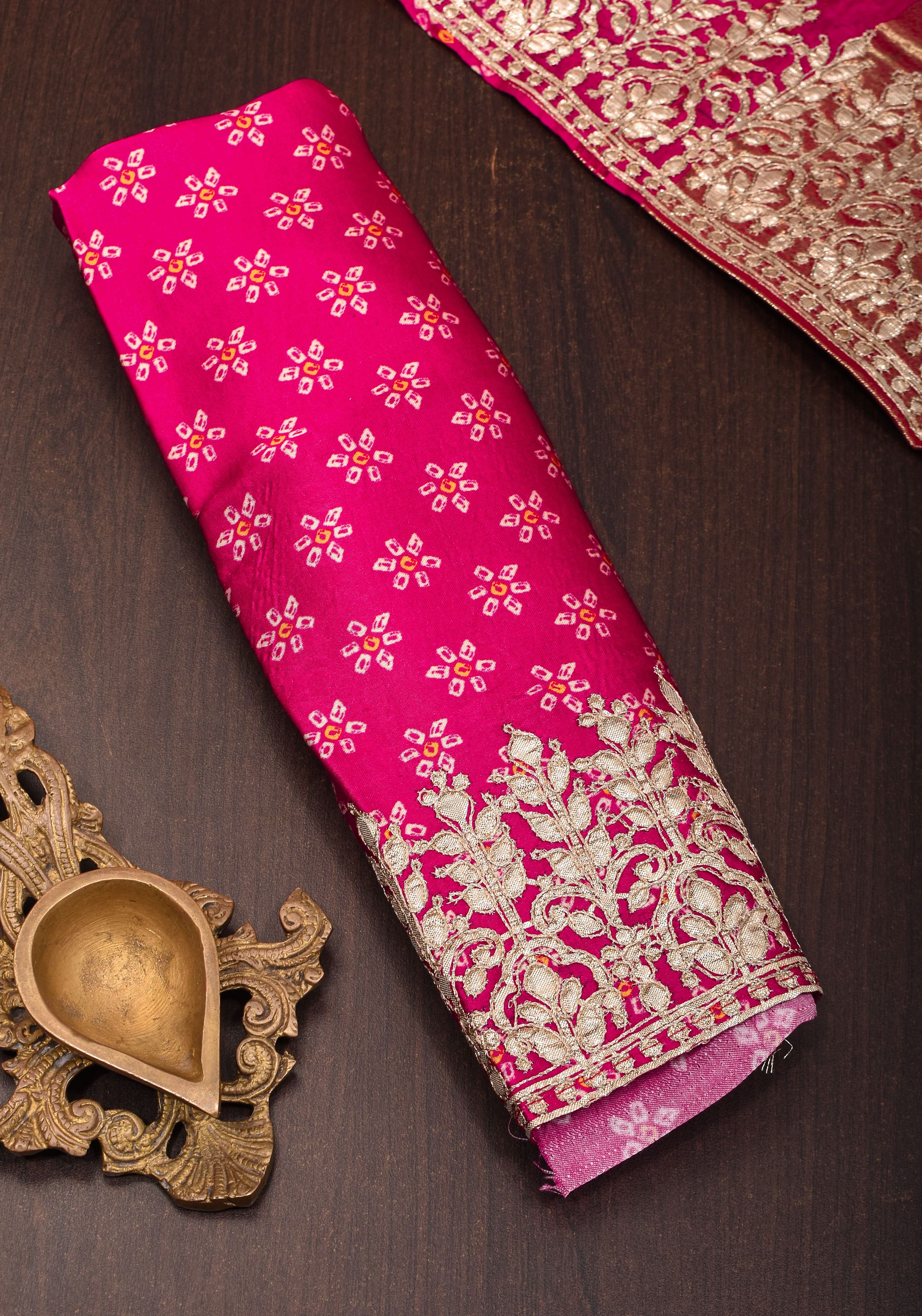 Pink Gajji Silk Saree with Bandhni Digital Print and Gotta patti borders | Shobitam
