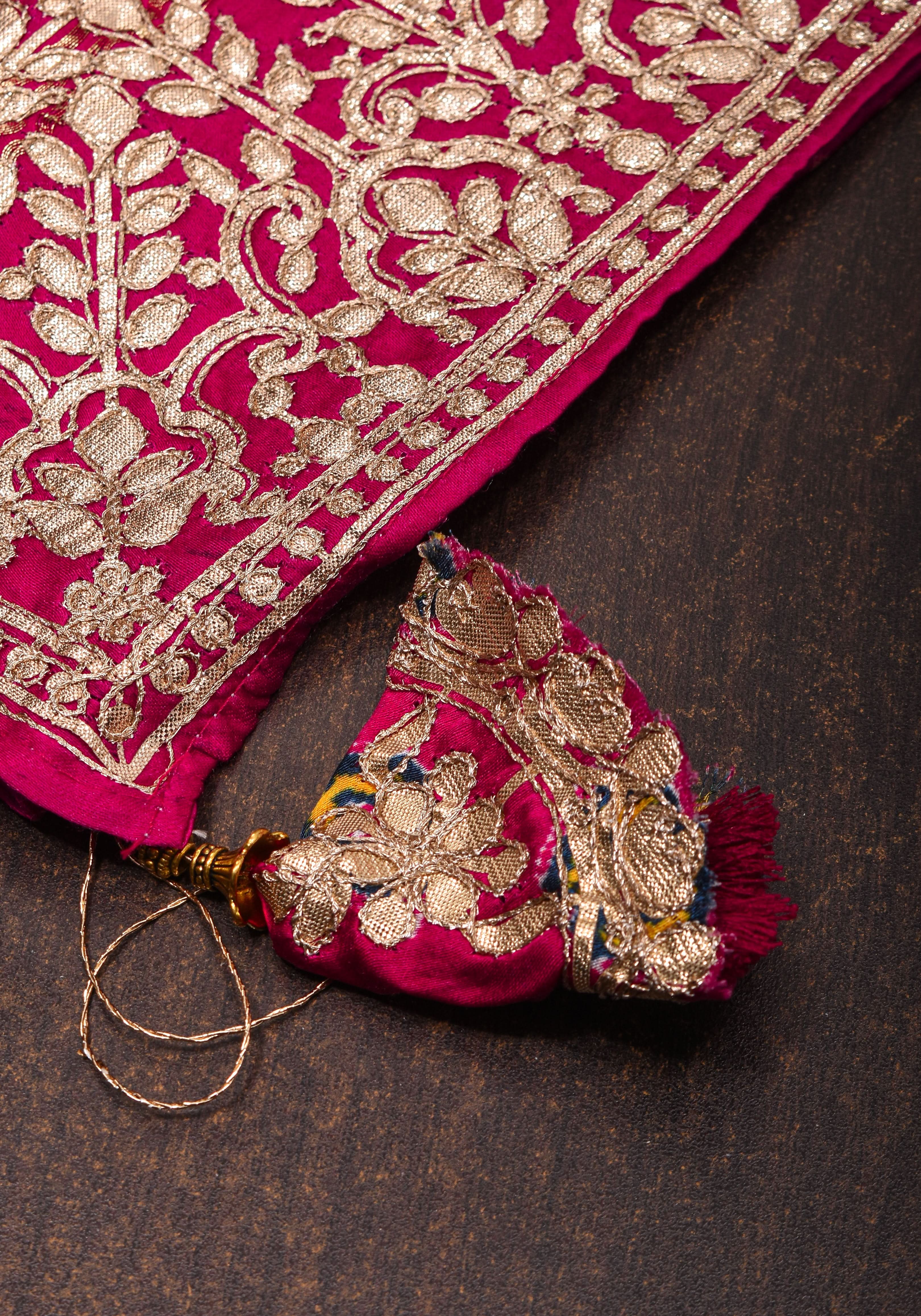 Pink Gajji Silk Saree with Bandhni Digital Print and Gotta patti borders | Shobitam