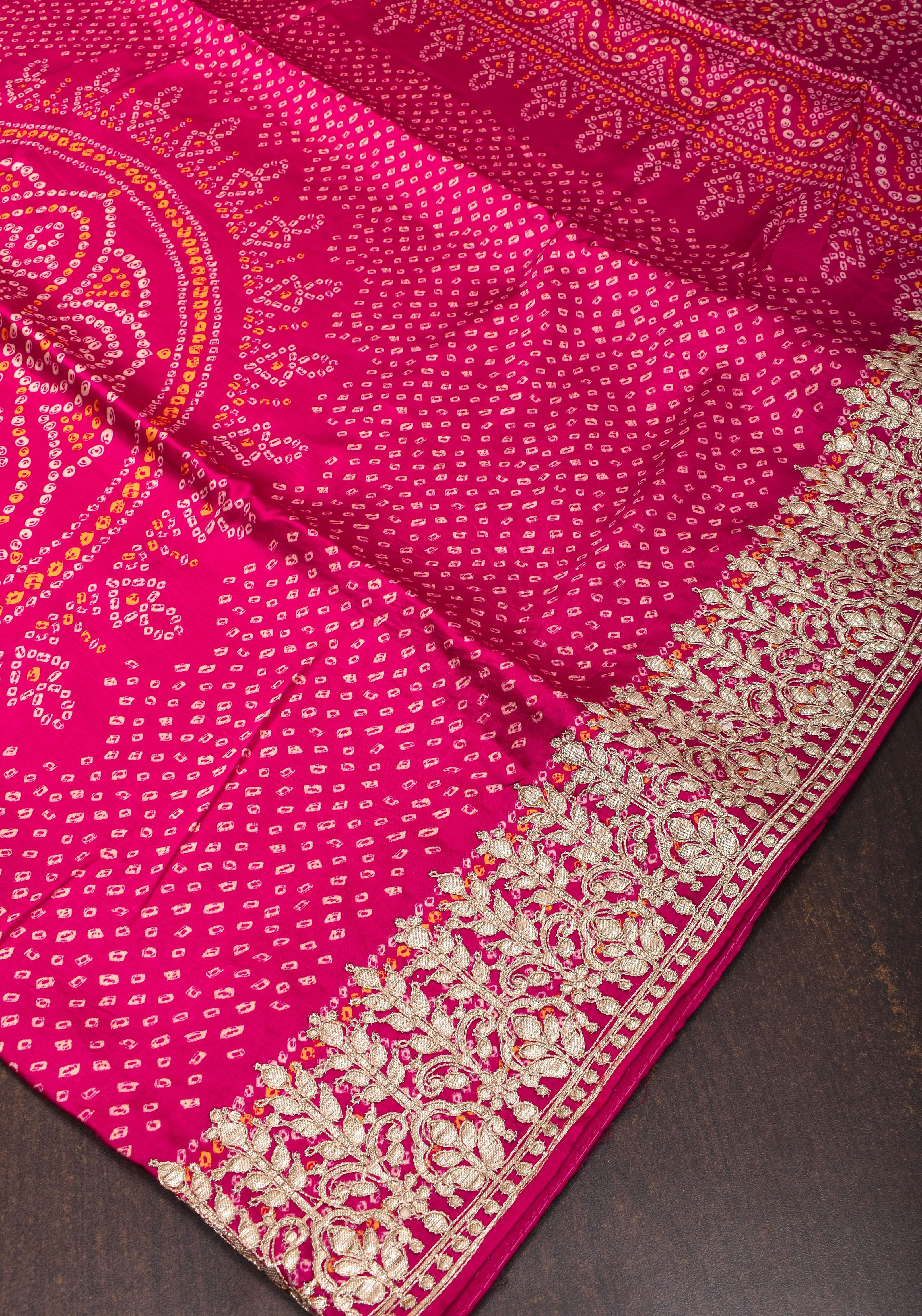 Pink Gajji Silk Saree with Bandhni Digital Print and Gotta patti borders | Shobitam