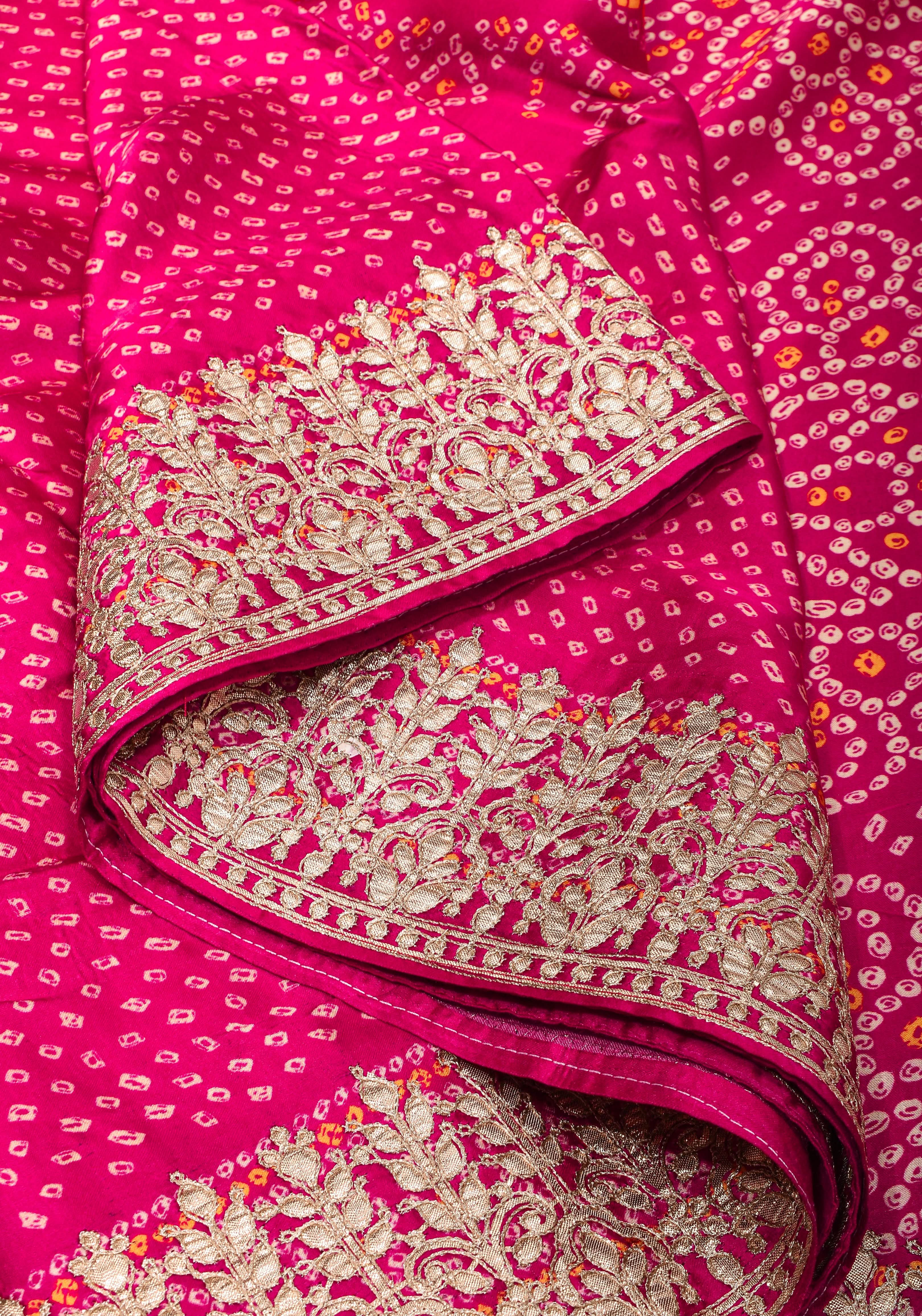 Pink Gajji Silk Saree with Bandhni Digital Print and Gotta patti borders | Shobitam