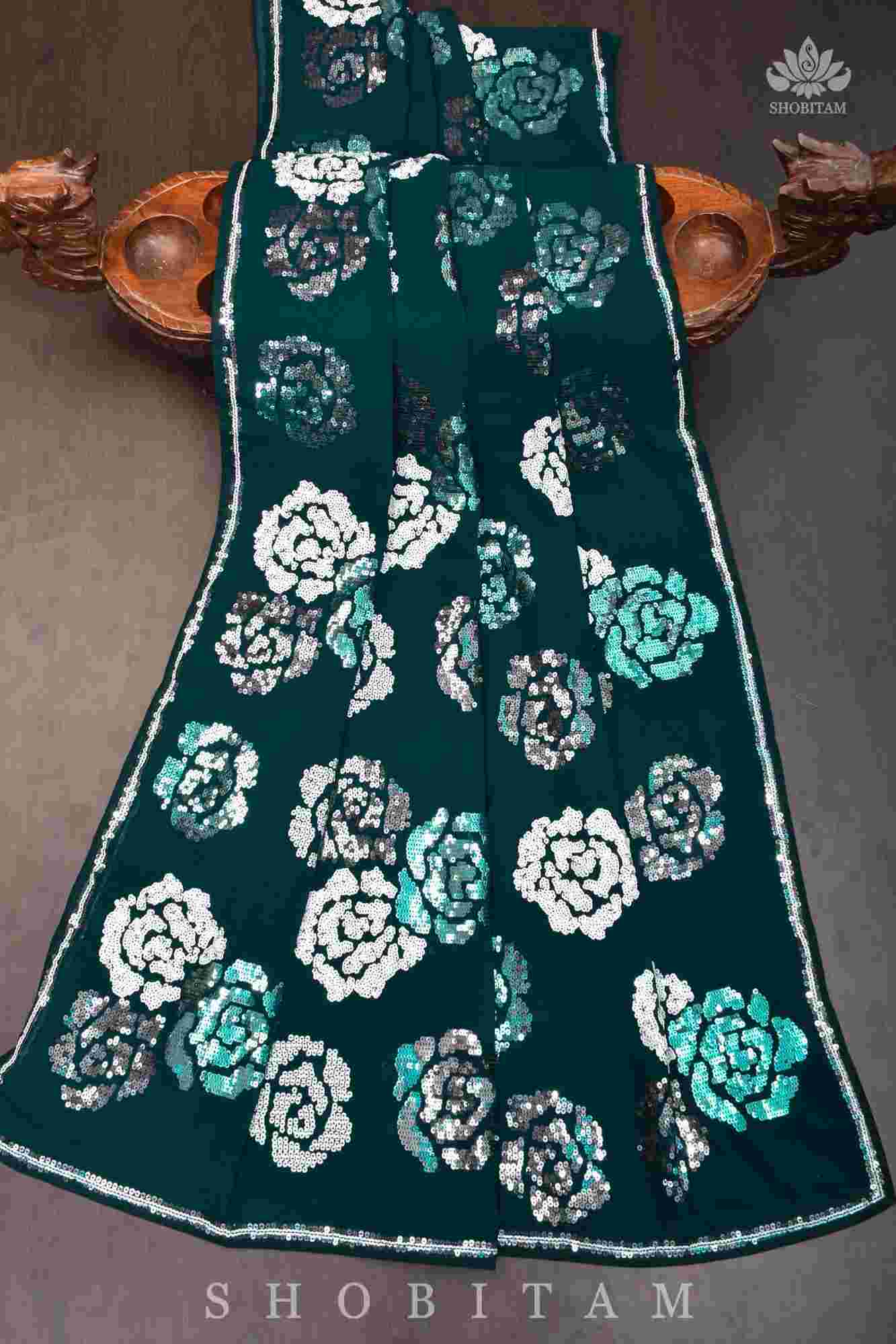 Ready To Wear Georgette Saree with Rose Sequin work  in Hunter Green