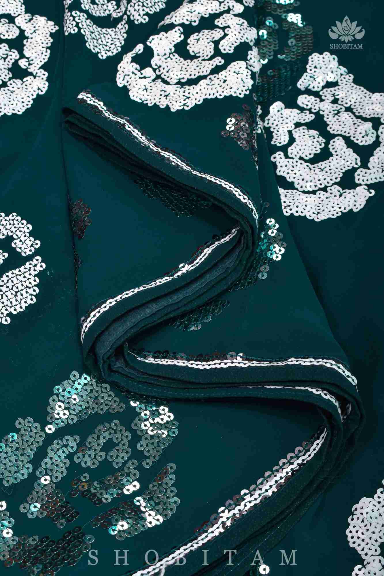 Ready To Wear Georgette Saree with Rose Sequin work  in Hunter Green