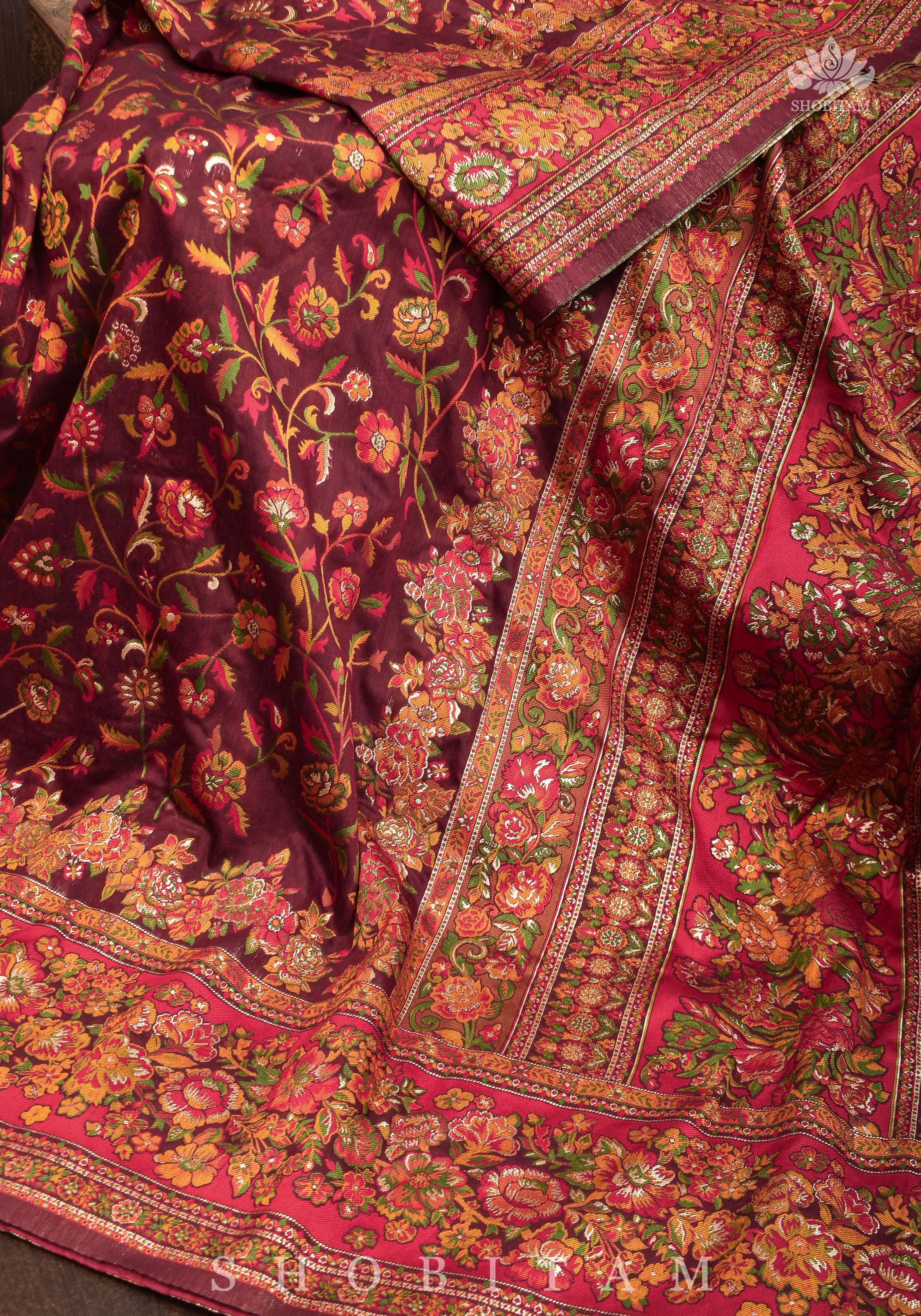 Lovely Kani Design with Floral Jaal in Maroon. Pretty Sarees. | SHOBITAM