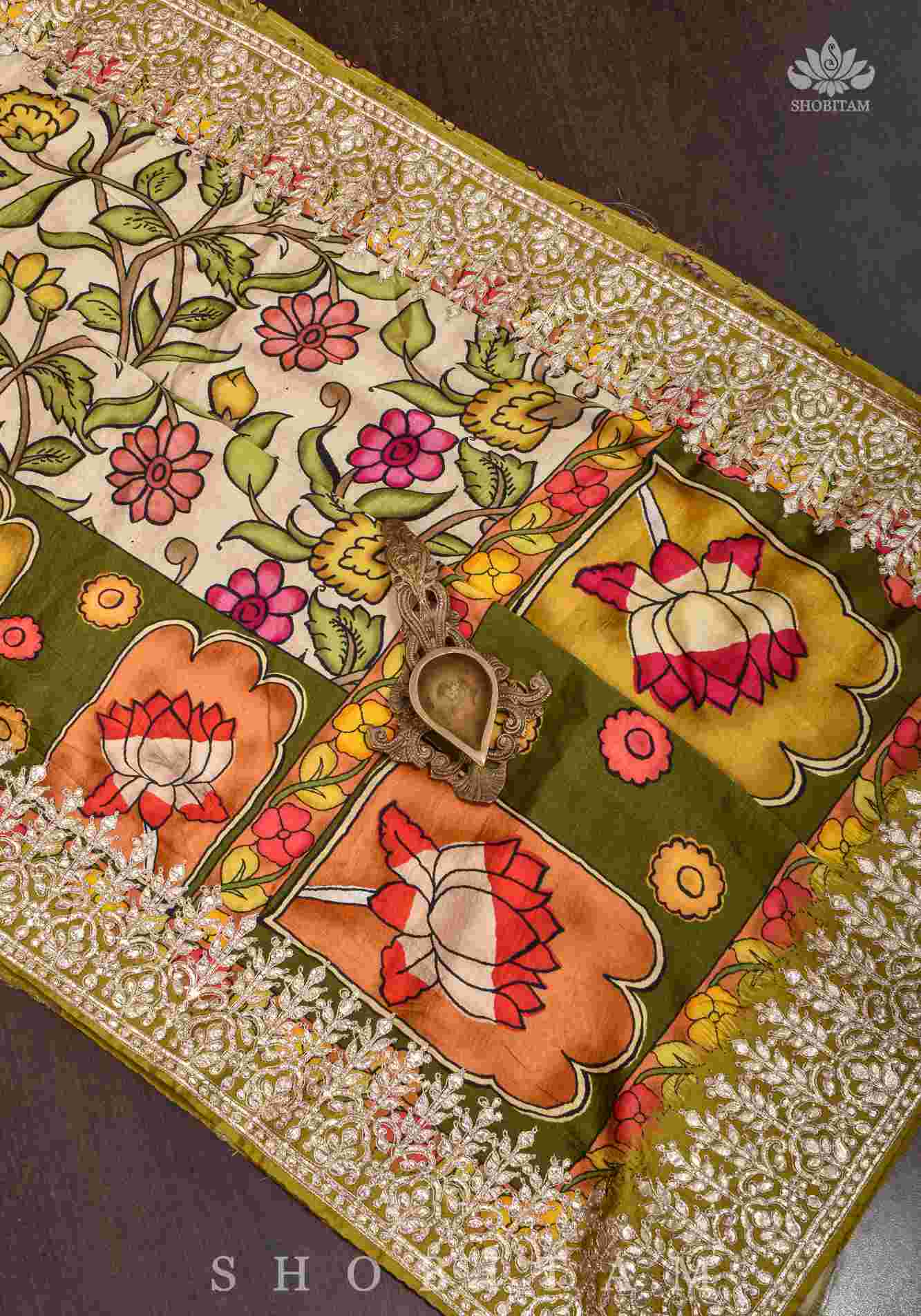 Gajji Silk Saree with Gotta Patti Border and kalamkari Digital Print in Beige Pre Drape Saree