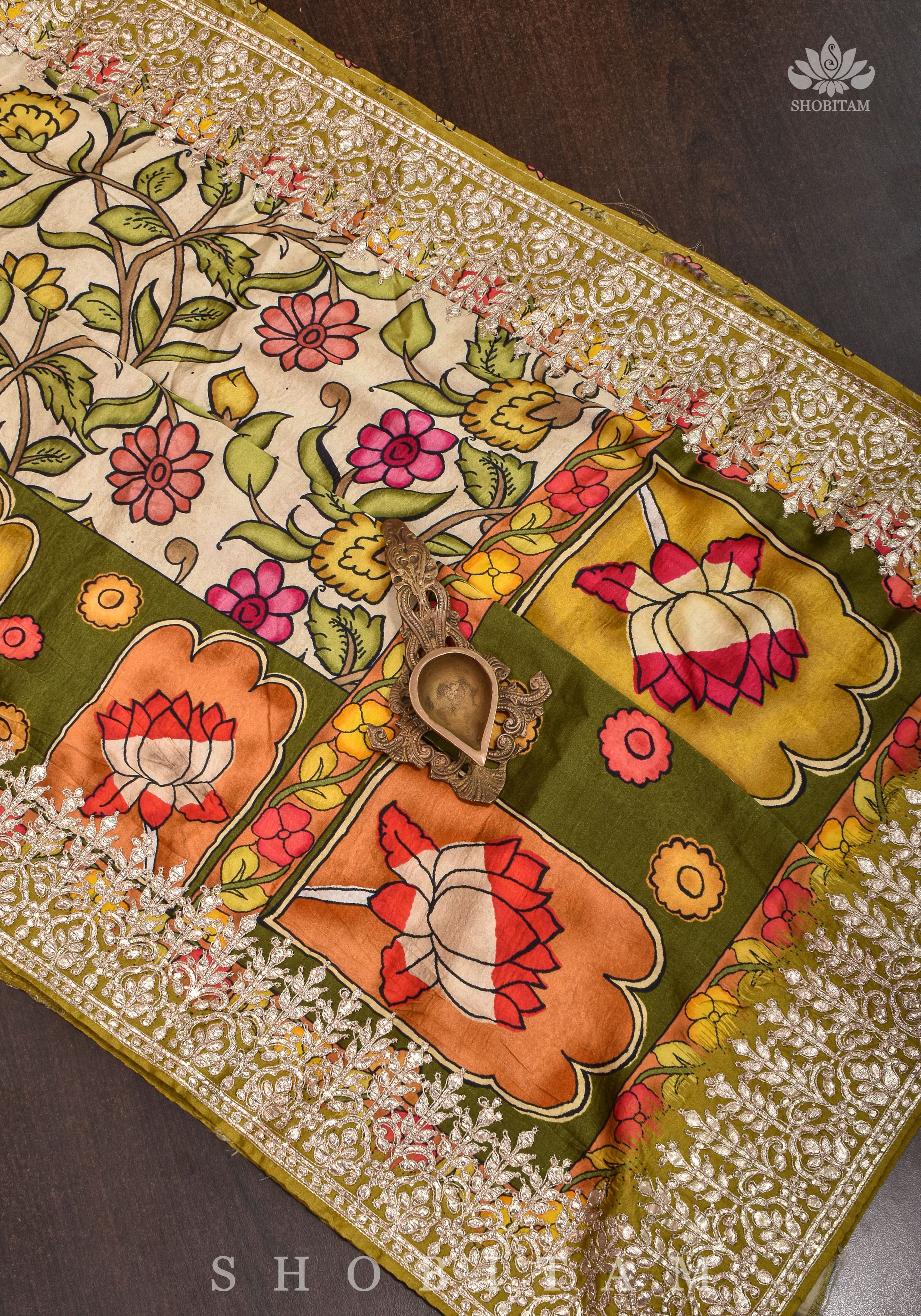 Gajji Silk Saree in Beige with Gotta Patti Border and kalamkari Digital Print | Shobitam