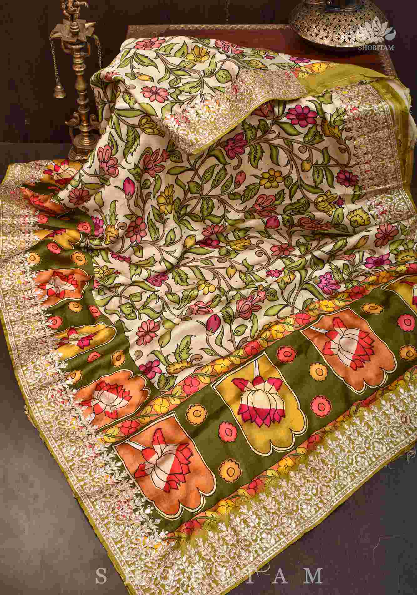 Gajji Silk Saree with Gotta Patti Border and kalamkari Digital Print in Beige Pre Drape Saree