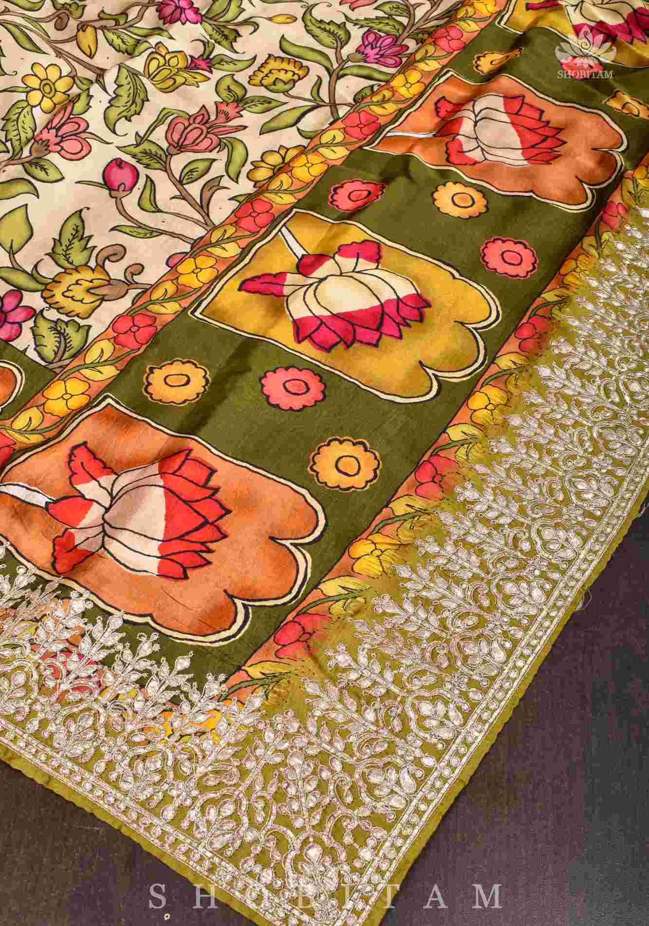 Gajji Silk Saree with Gotta Patti Border and kalamkari Digital Print in Beige Pre Drape Saree