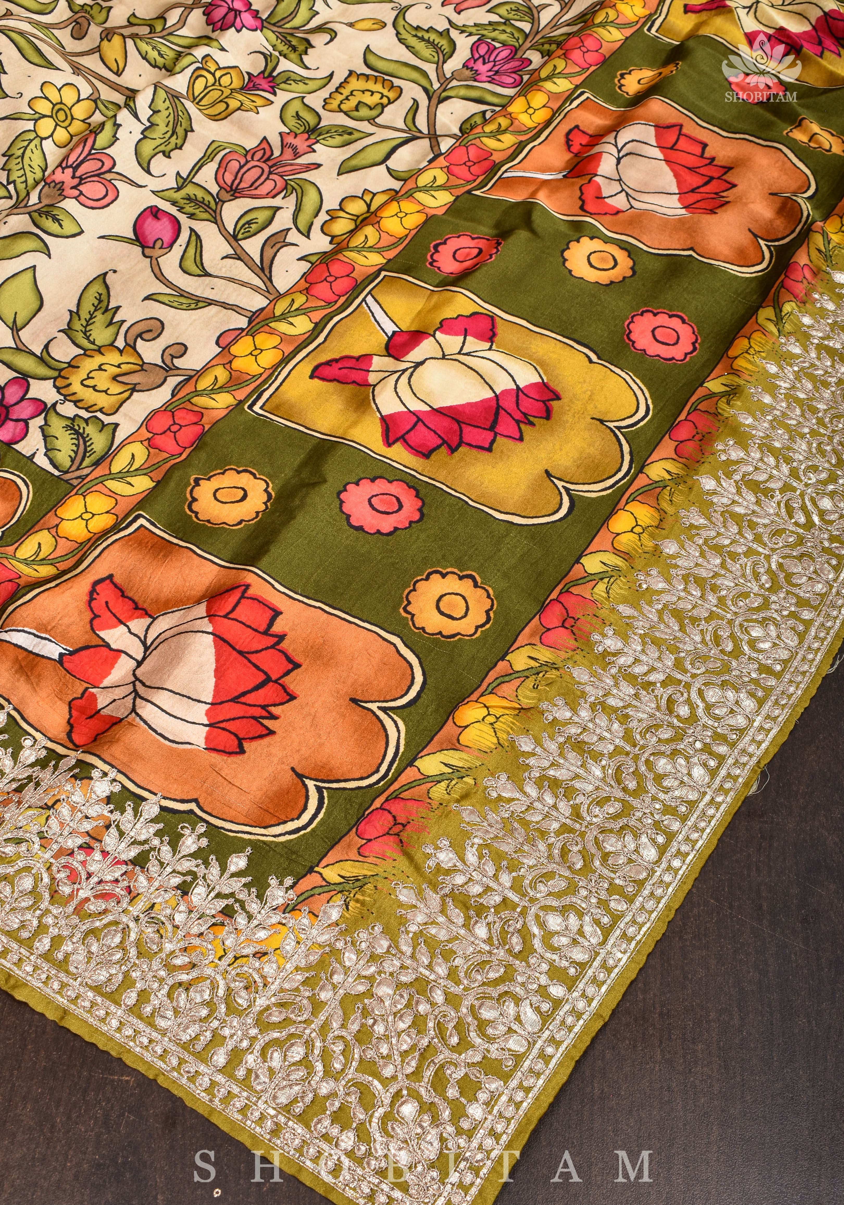 Gajji Silk Saree in Beige with Gotta Patti Border and kalamkari Digital Print | Shobitam