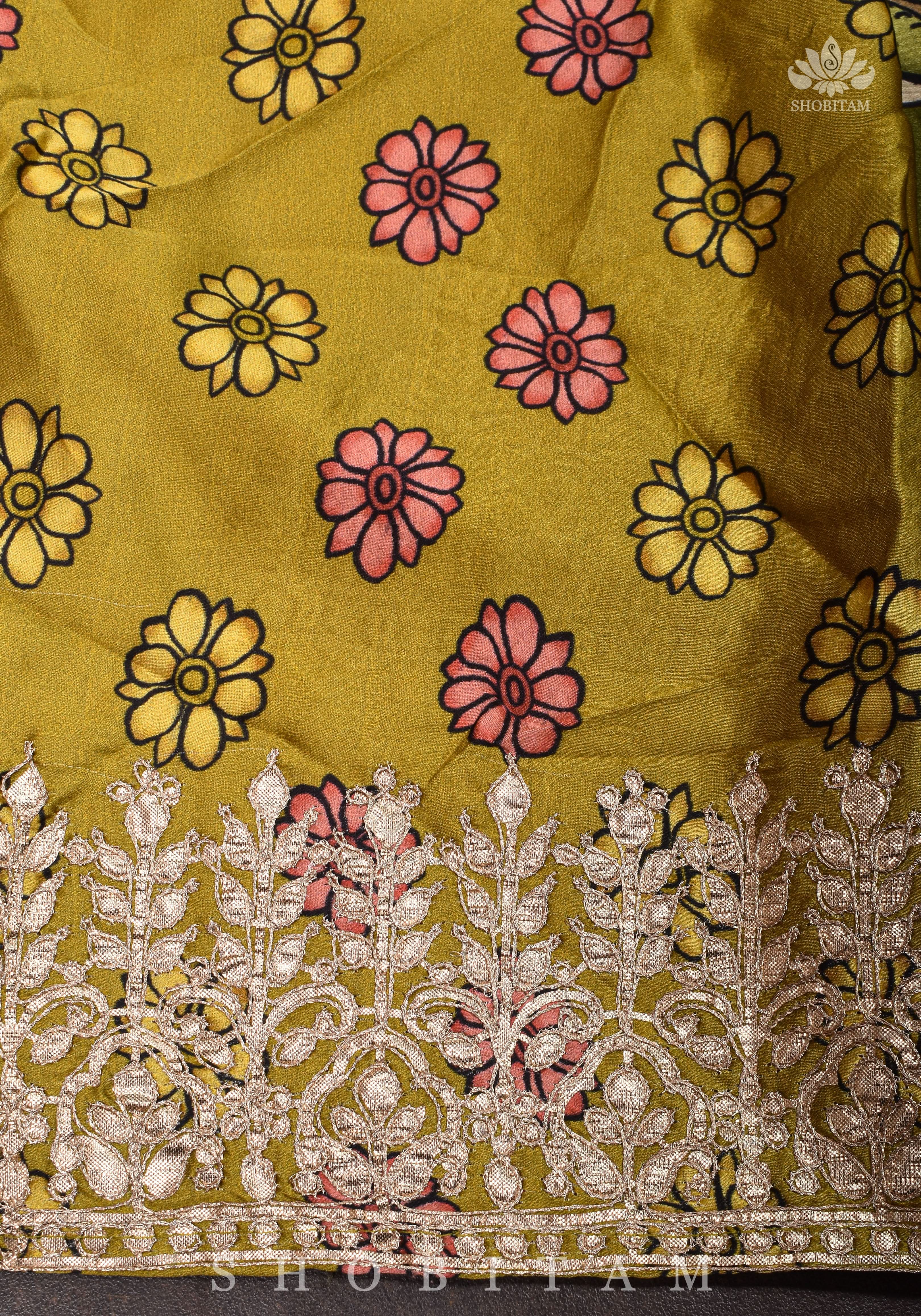 Gajji Silk Saree in Beige with Gotta Patti Border and kalamkari Digital Print | Shobitam