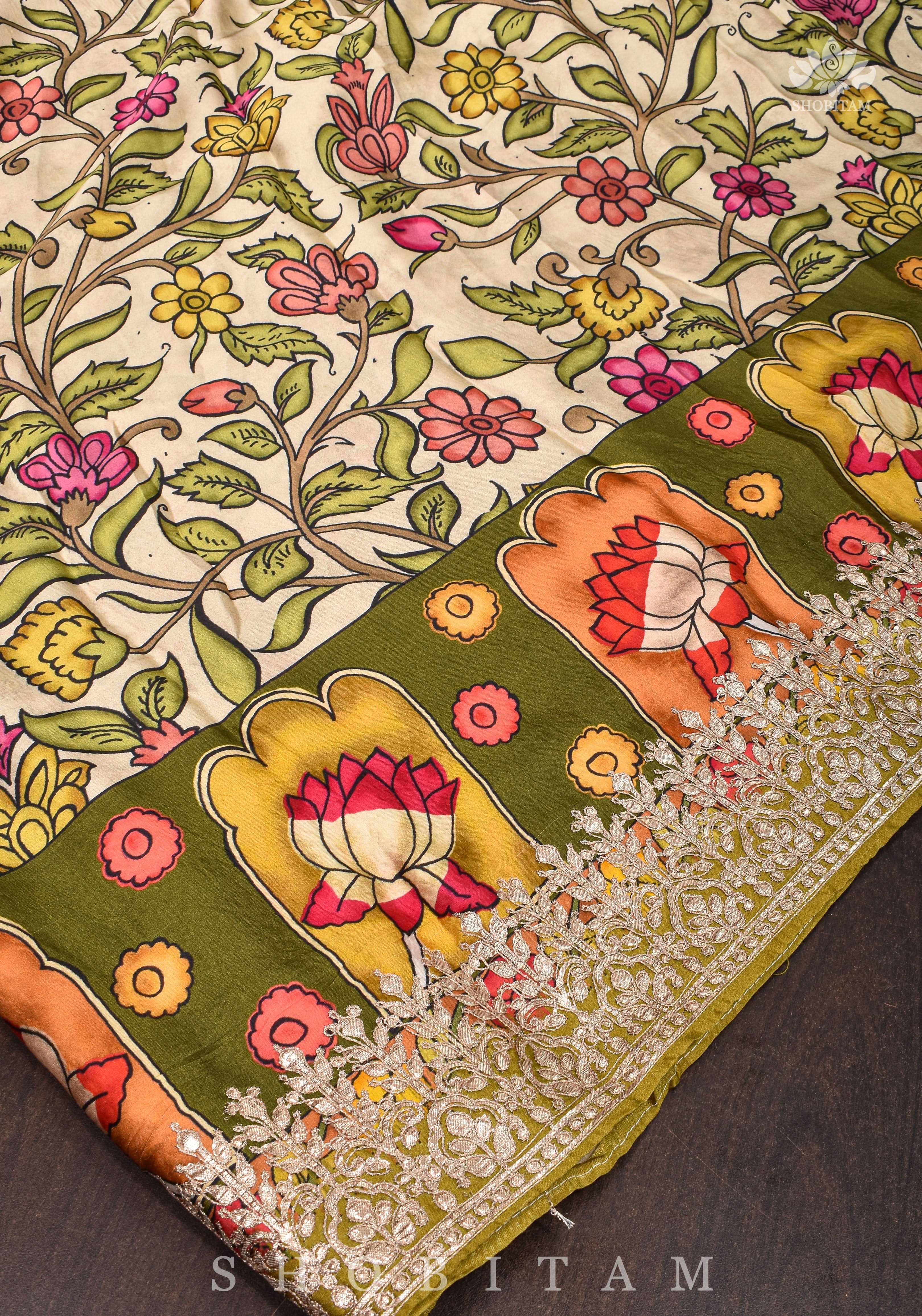 Gajji Silk Saree in Beige with Gotta Patti Border and kalamkari Digital Print | Shobitam