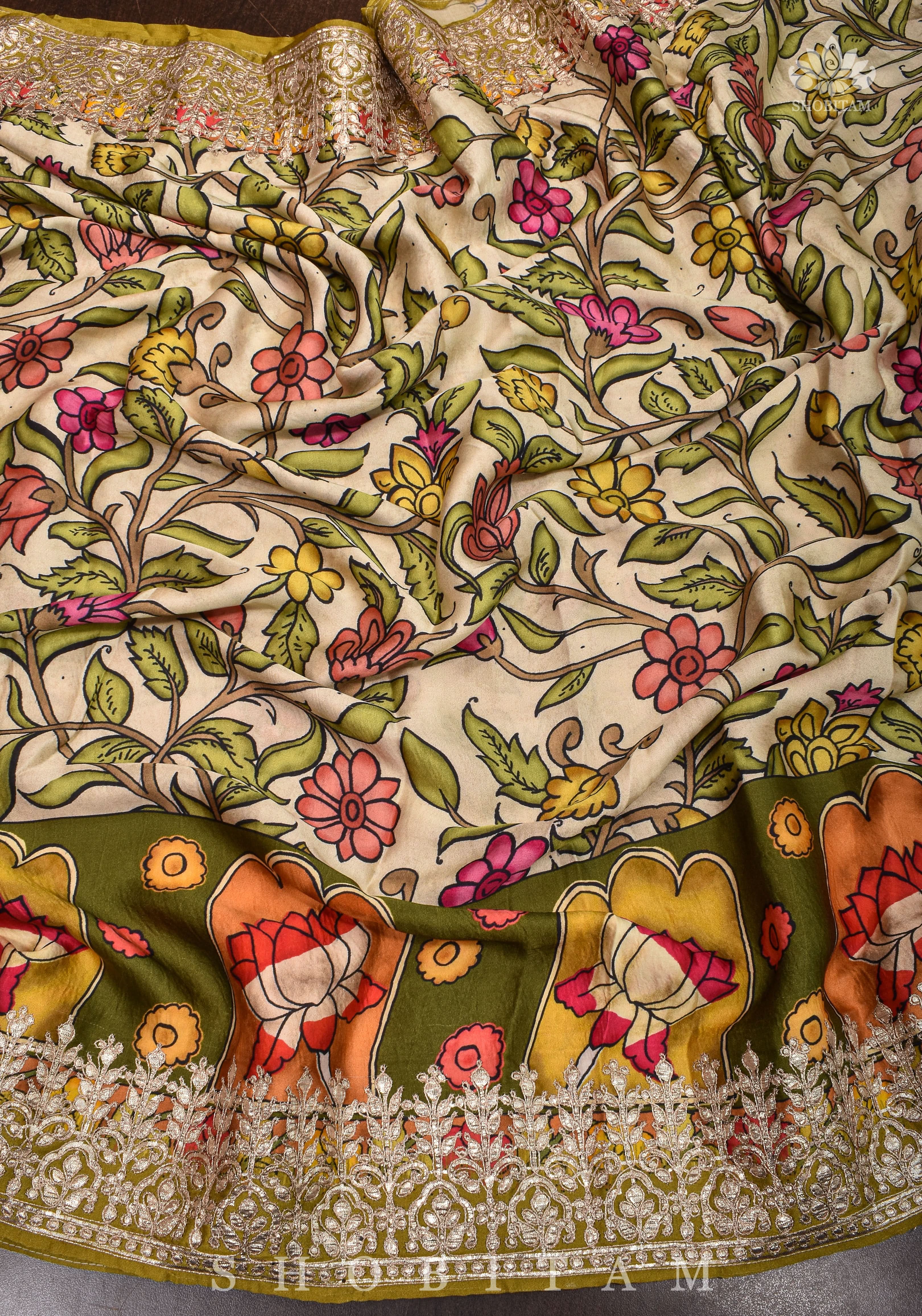 Gajji Silk Saree in Beige with Gotta Patti Border and kalamkari Digital Print | Shobitam