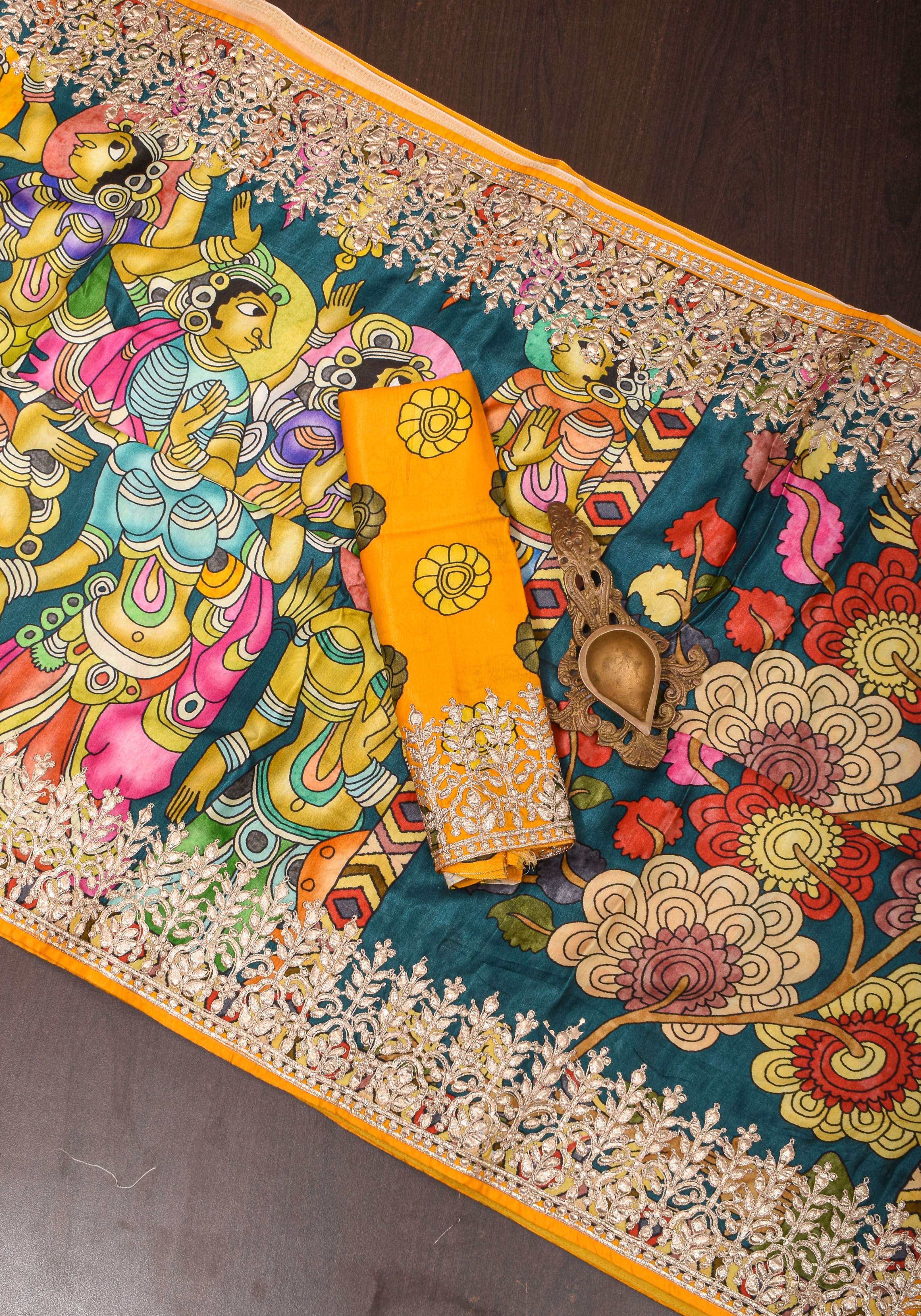 Gajji Silk Saree with Gotta Patti Border, Crushed zari pallu and kalamkari Digital Print | Shobitam
