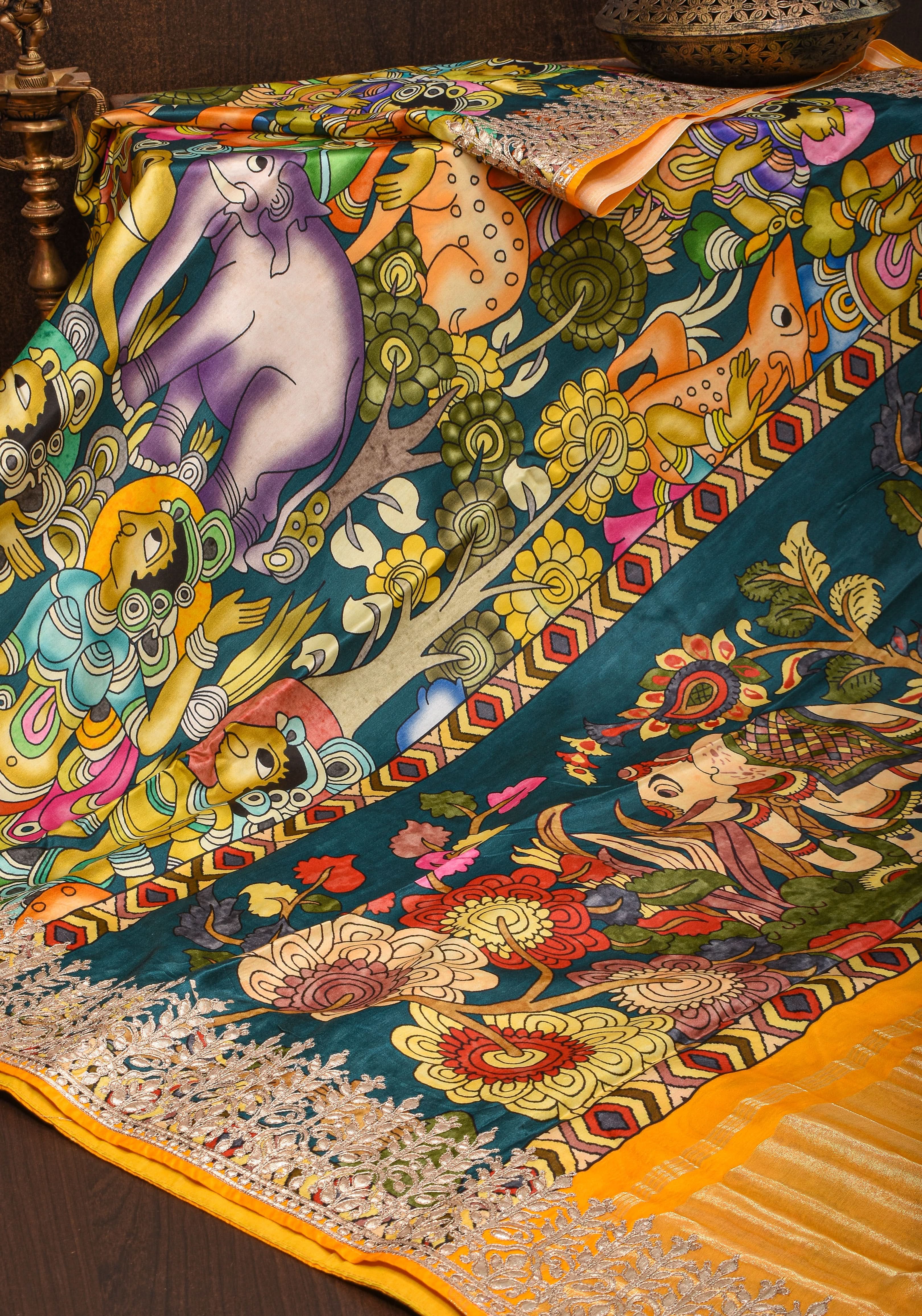 Gajji Silk Saree with Gotta Patti Border, Crushed zari pallu and kalamkari Digital Print | Shobitam