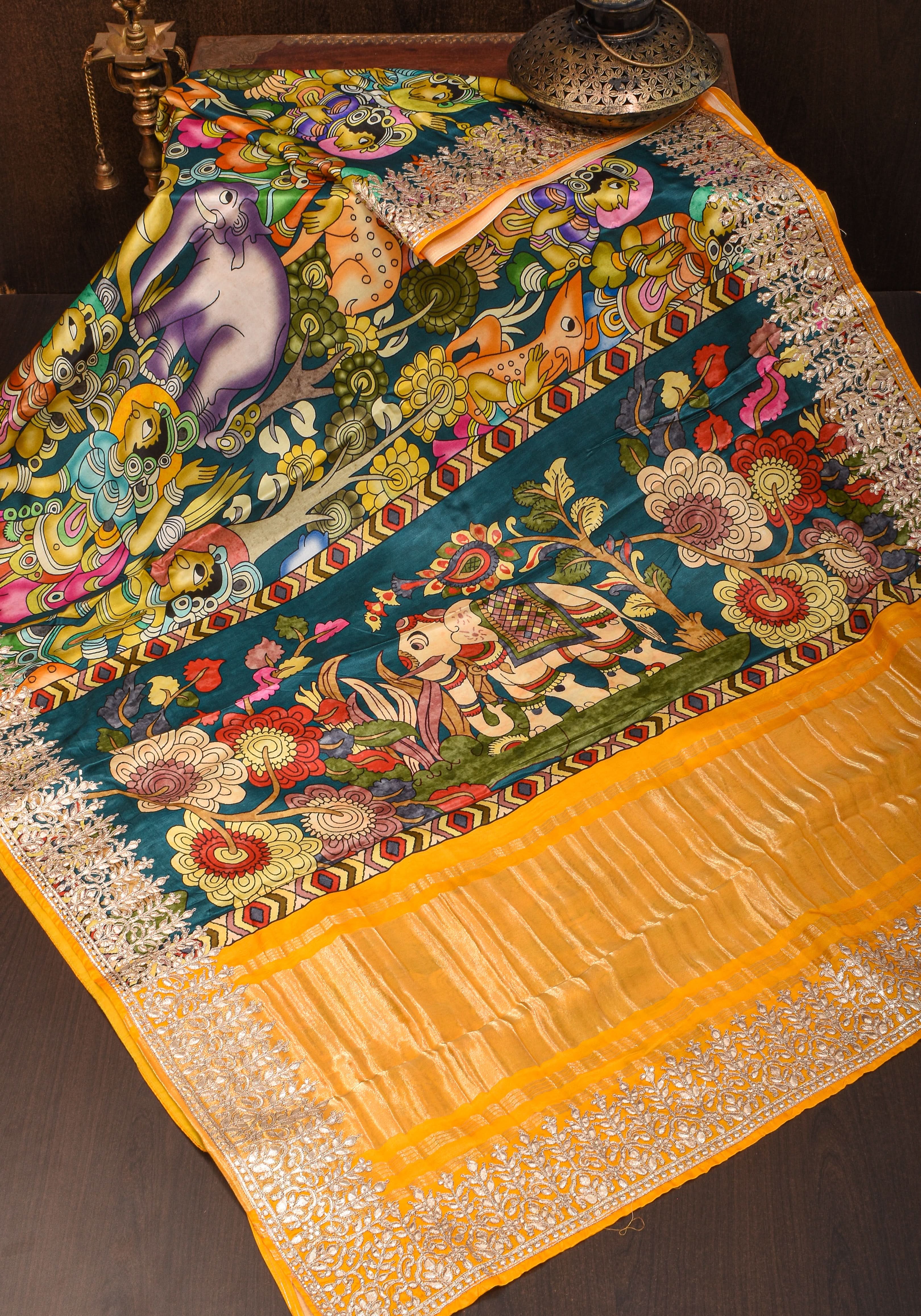 Gajji Silk Saree with Gotta Patti Border, Crushed zari pallu and kalamkari Digital Print | Shobitam
