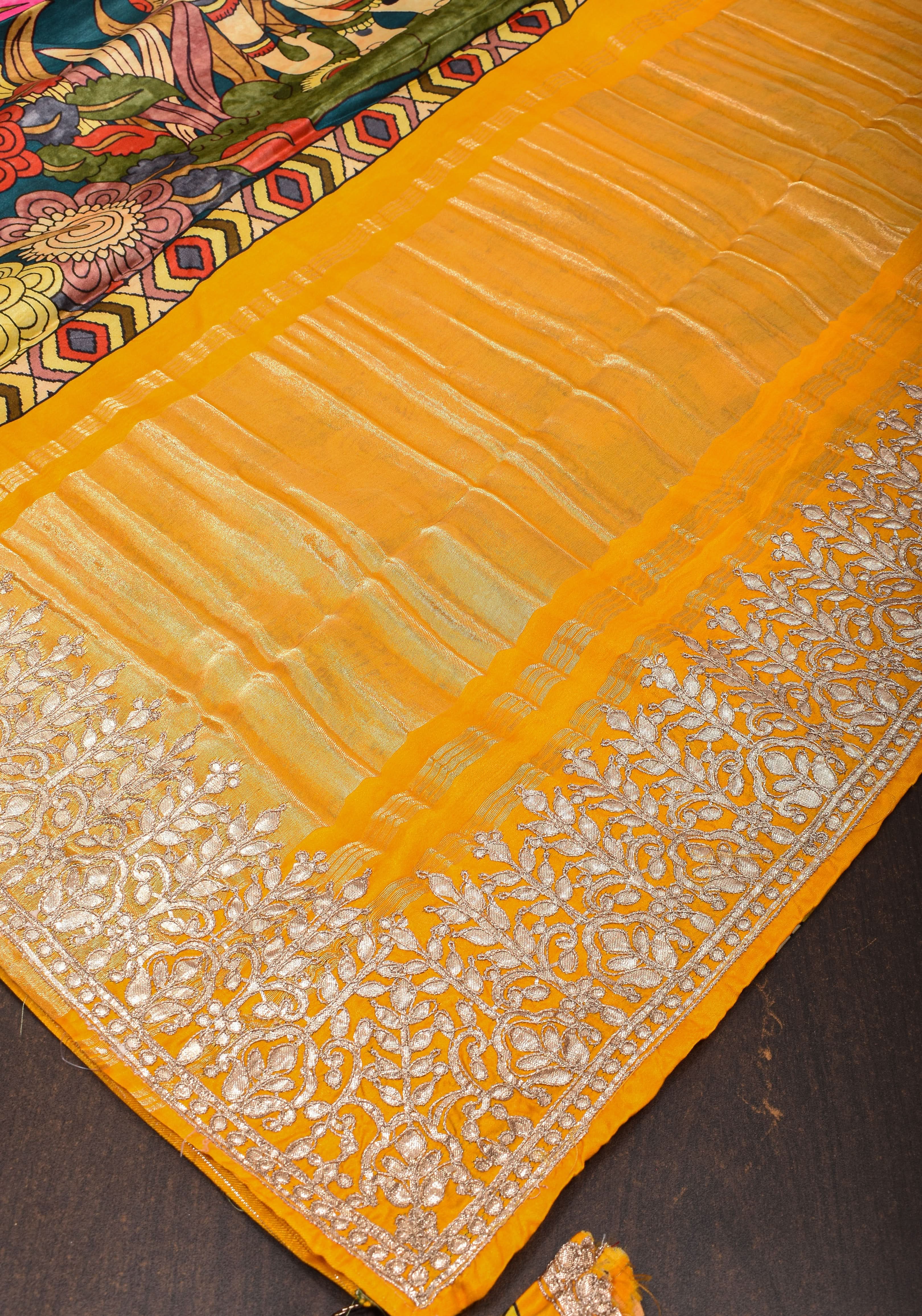 Gajji Silk Saree with Gotta Patti Border, Crushed zari pallu and kalamkari Digital Print | Shobitam