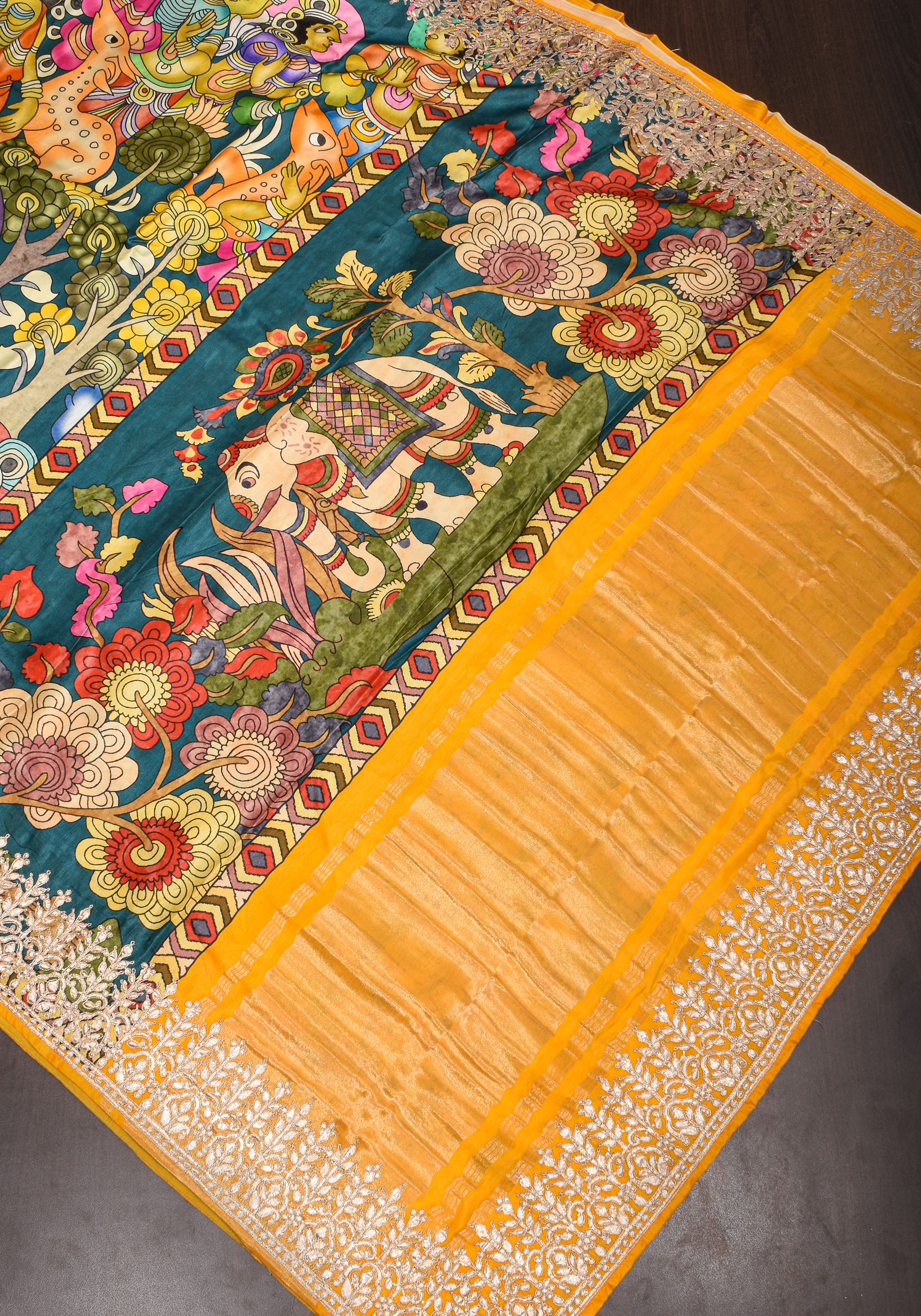 Gajji Silk Saree with Gotta Patti Border, Crushed zari pallu and kalamkari Digital Print | Shobitam