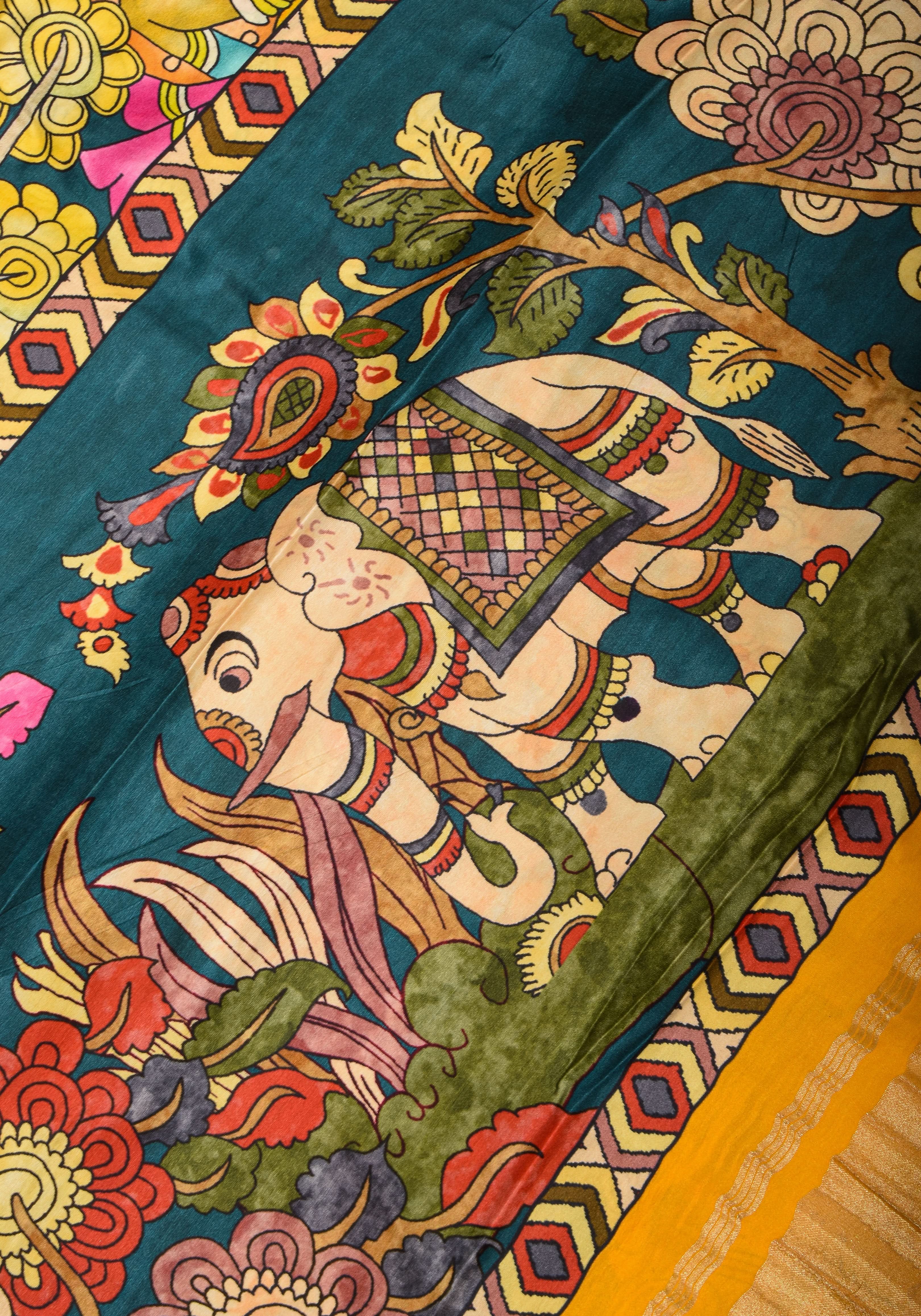 Gajji Silk Saree with Gotta Patti Border, Crushed zari pallu and kalamkari Digital Print | Shobitam