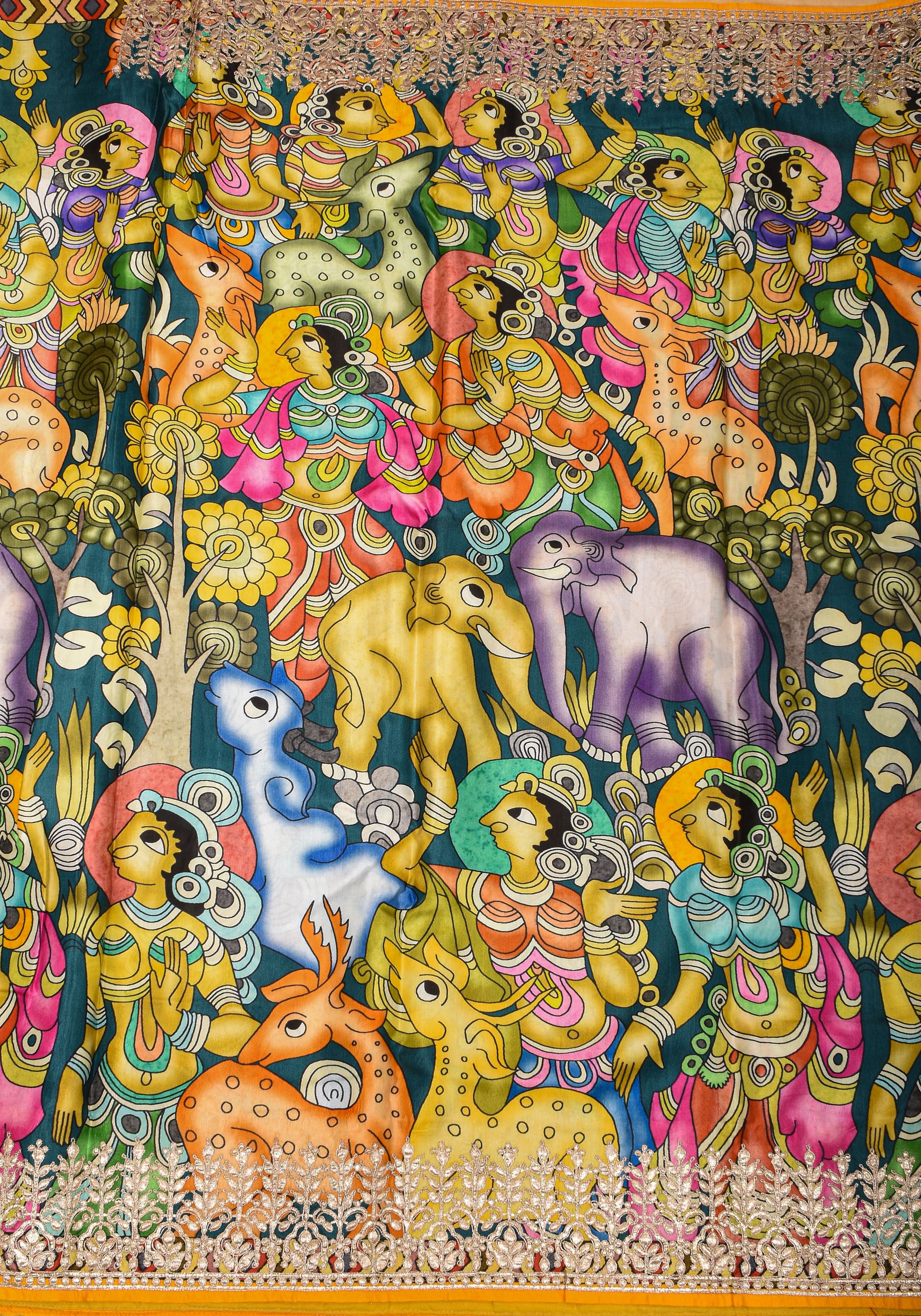 Gajji Silk Saree with Gotta Patti Border, Crushed zari pallu and kalamkari Digital Print | Shobitam