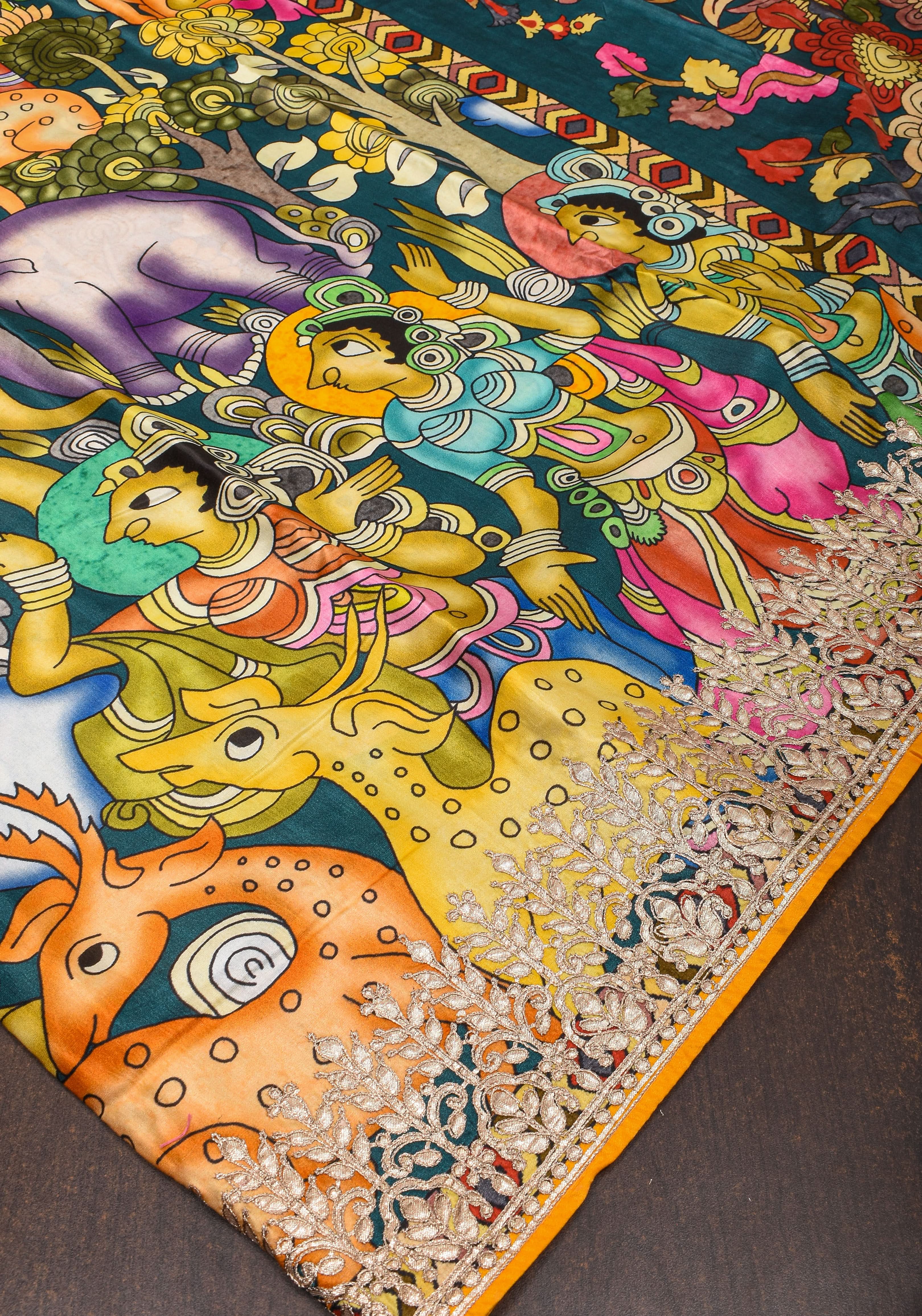 Gajji Silk Saree with Gotta Patti Border, Crushed zari pallu and kalamkari Digital Print | Shobitam