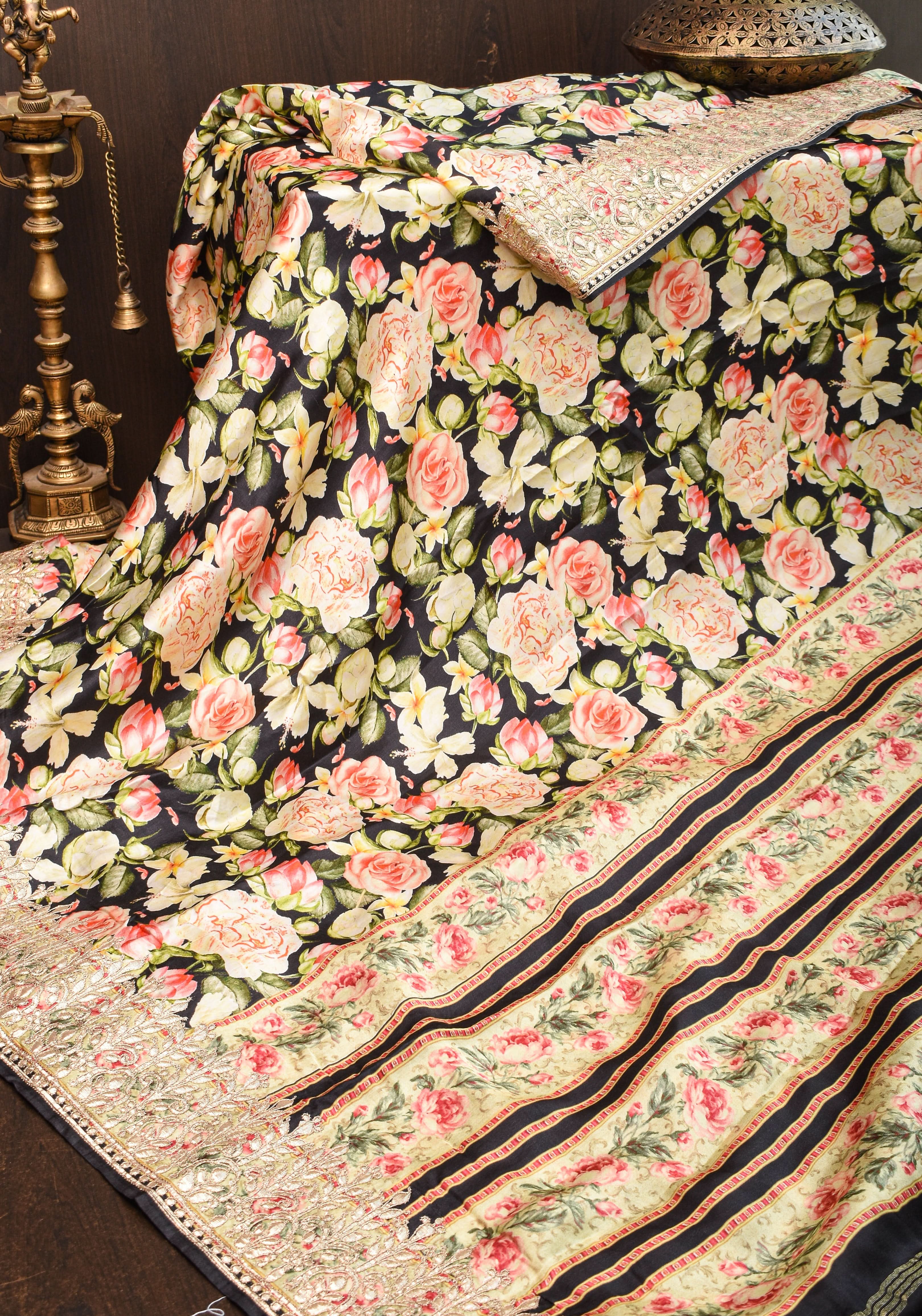 Gajji Silk Saree in Black with Floral Print and Gotta Patti Border | Shobitam