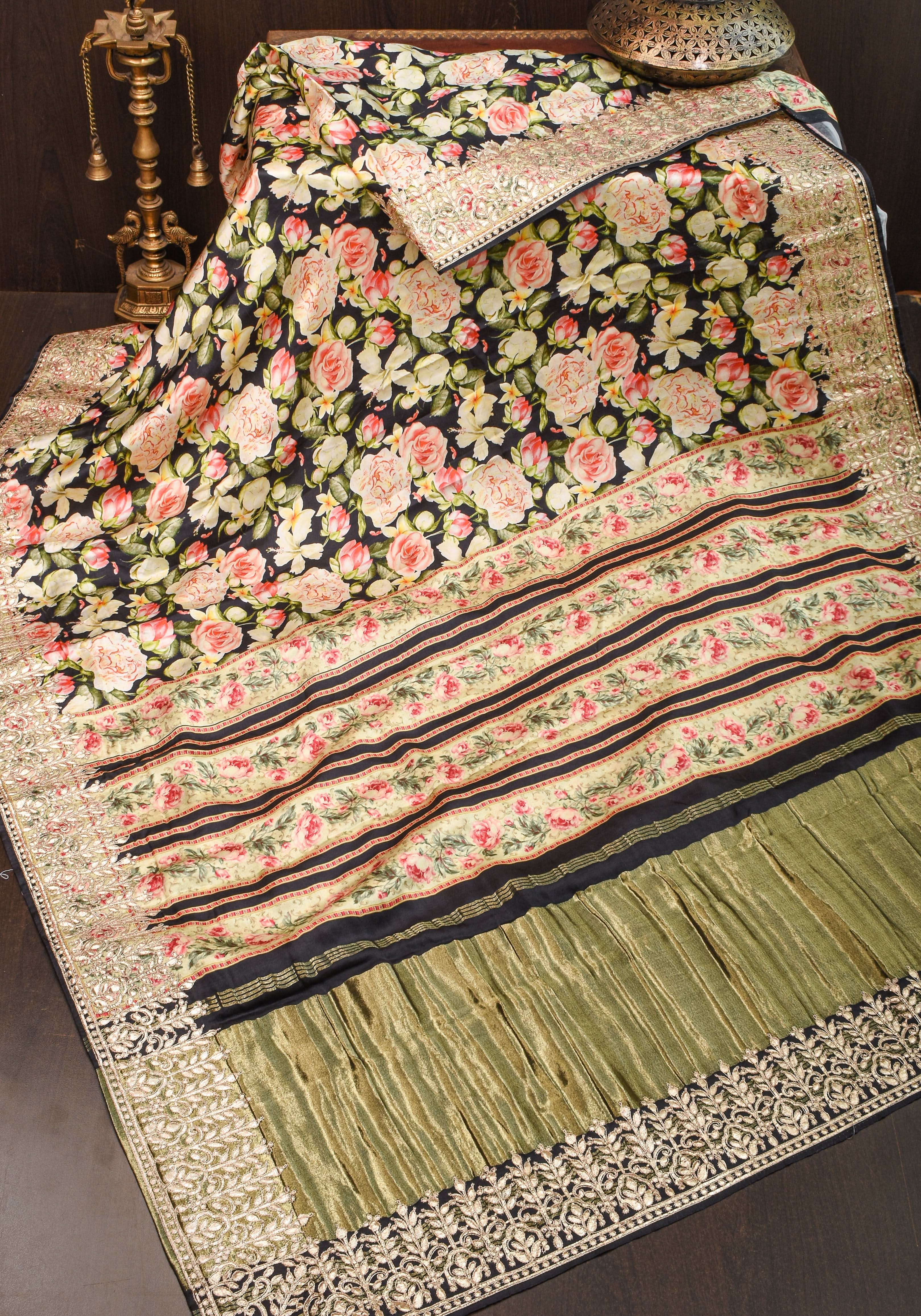 Gajji Silk Saree in Black with Floral Print and Gotta Patti Border | Shobitam