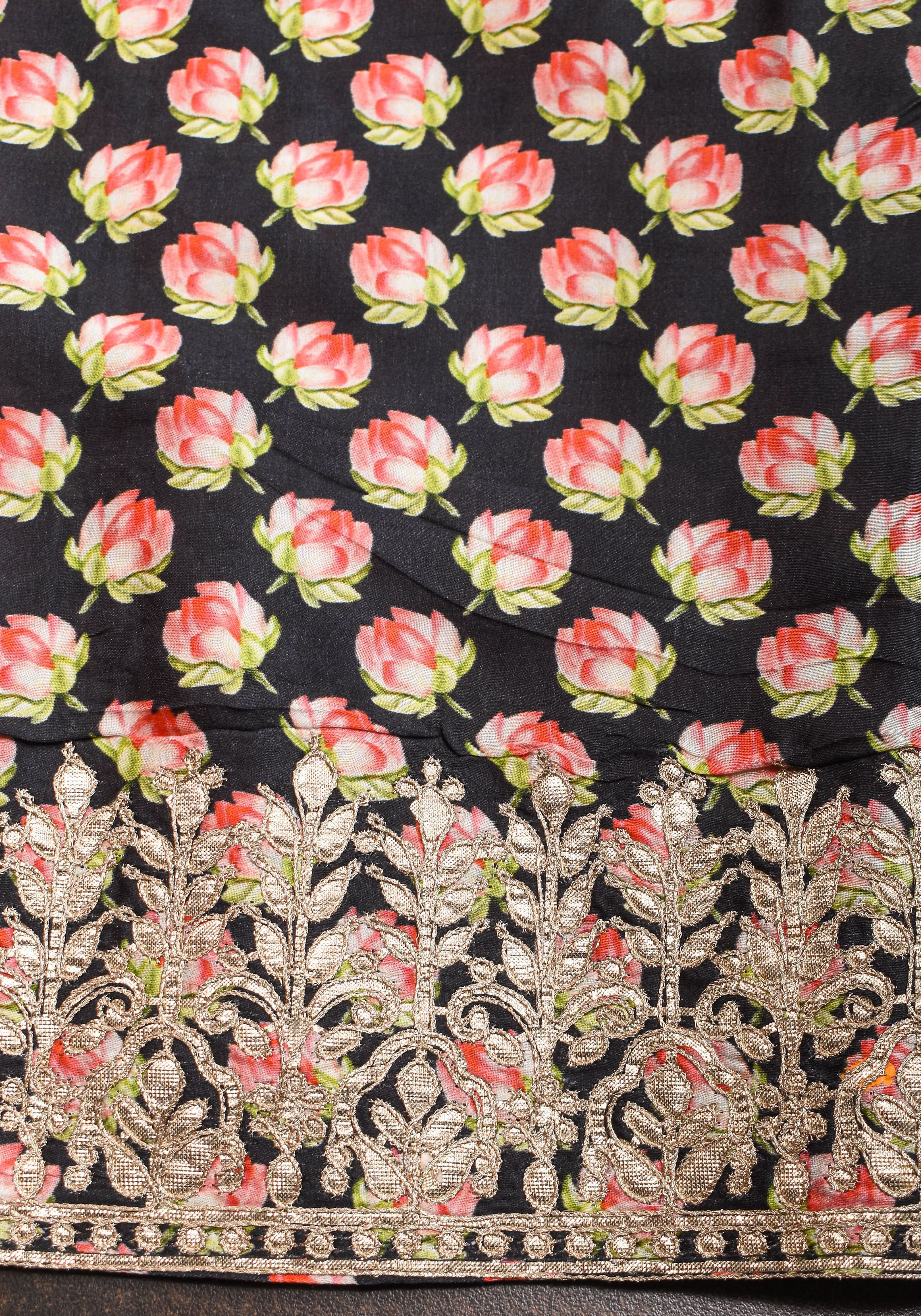Gajji Silk Saree in Black with Floral Print and Gotta Patti Border | Shobitam