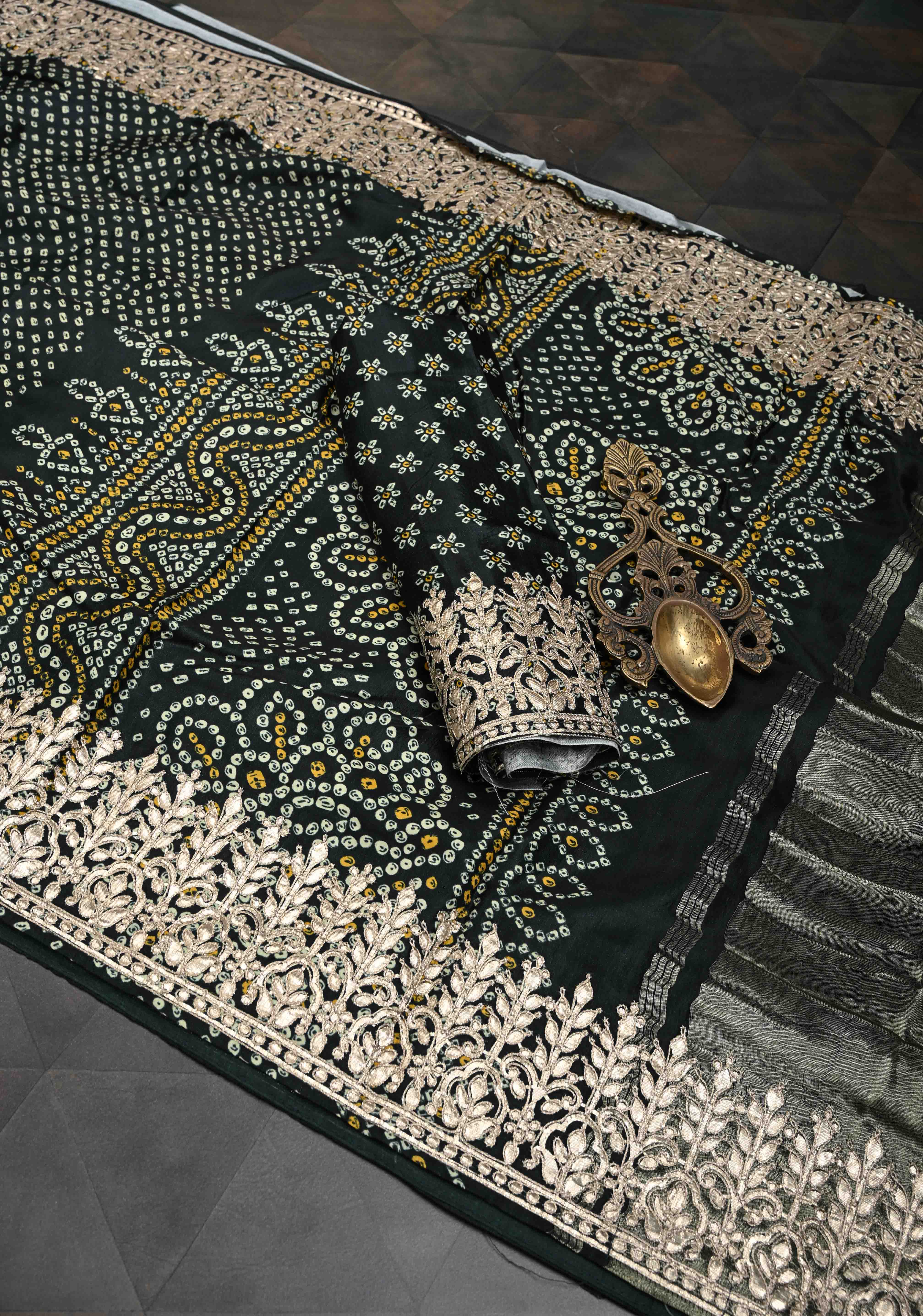 Deep Green Gajji Silk Saree with Bandhni Digital Print and Gotta Patti Borders and Crushed Pallu | Shobitam