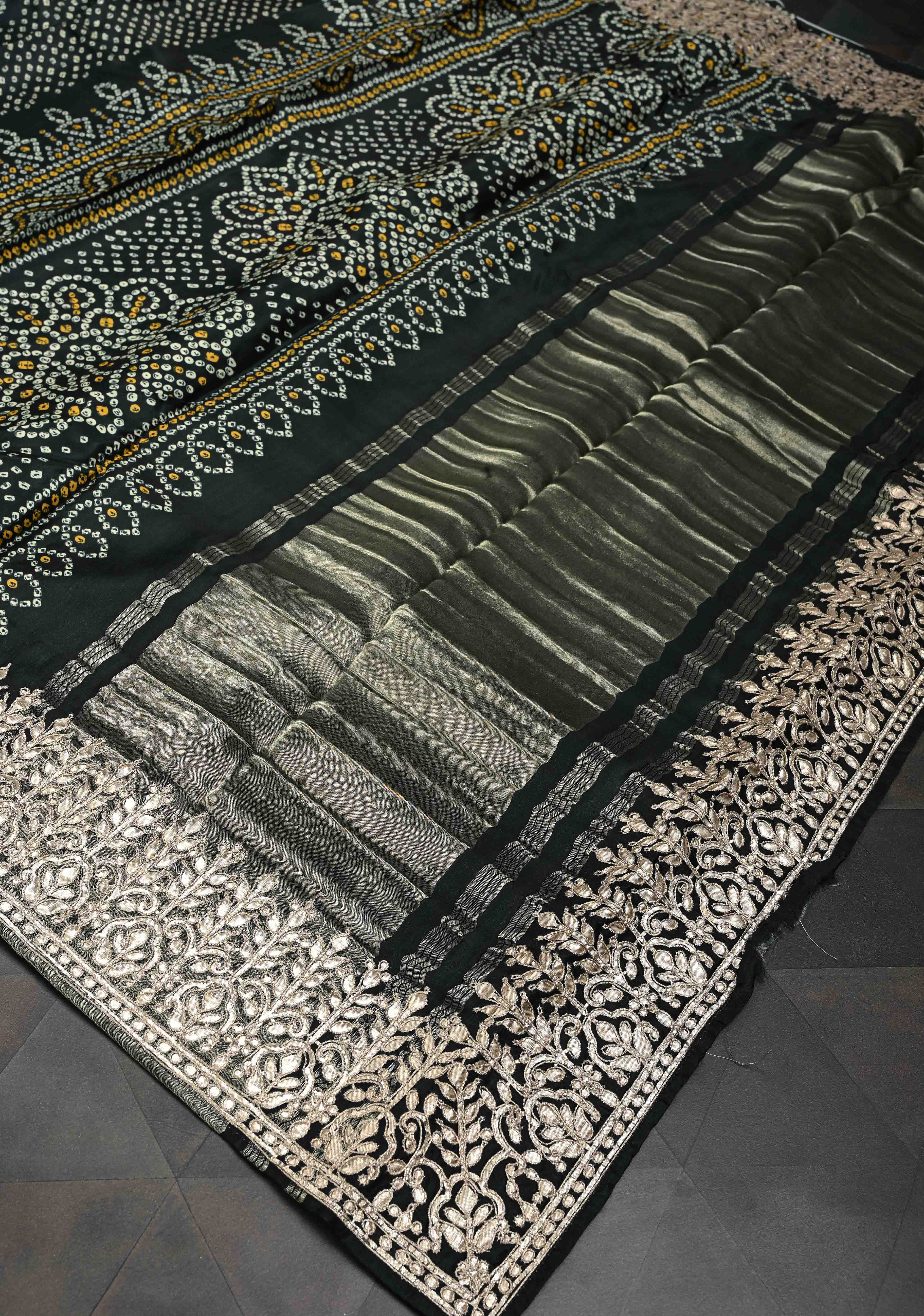 Deep Green Gajji Silk Saree with Bandhni Digital Print and Gotta Patti Borders and Crushed Pallu | Shobitam