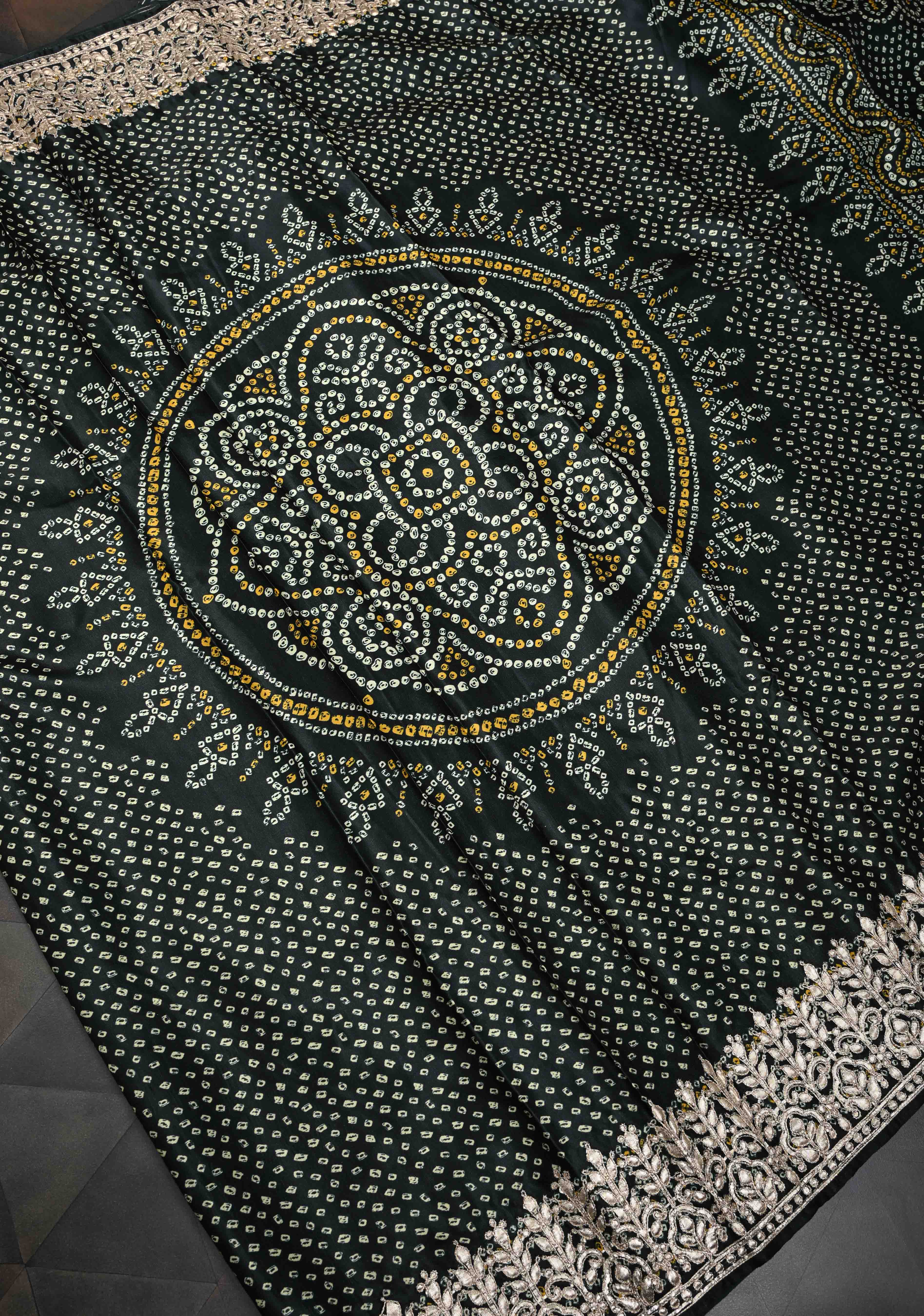 Deep Green Gajji Silk Saree with Bandhni Digital Print and Gotta Patti Borders and Crushed Pallu | Shobitam