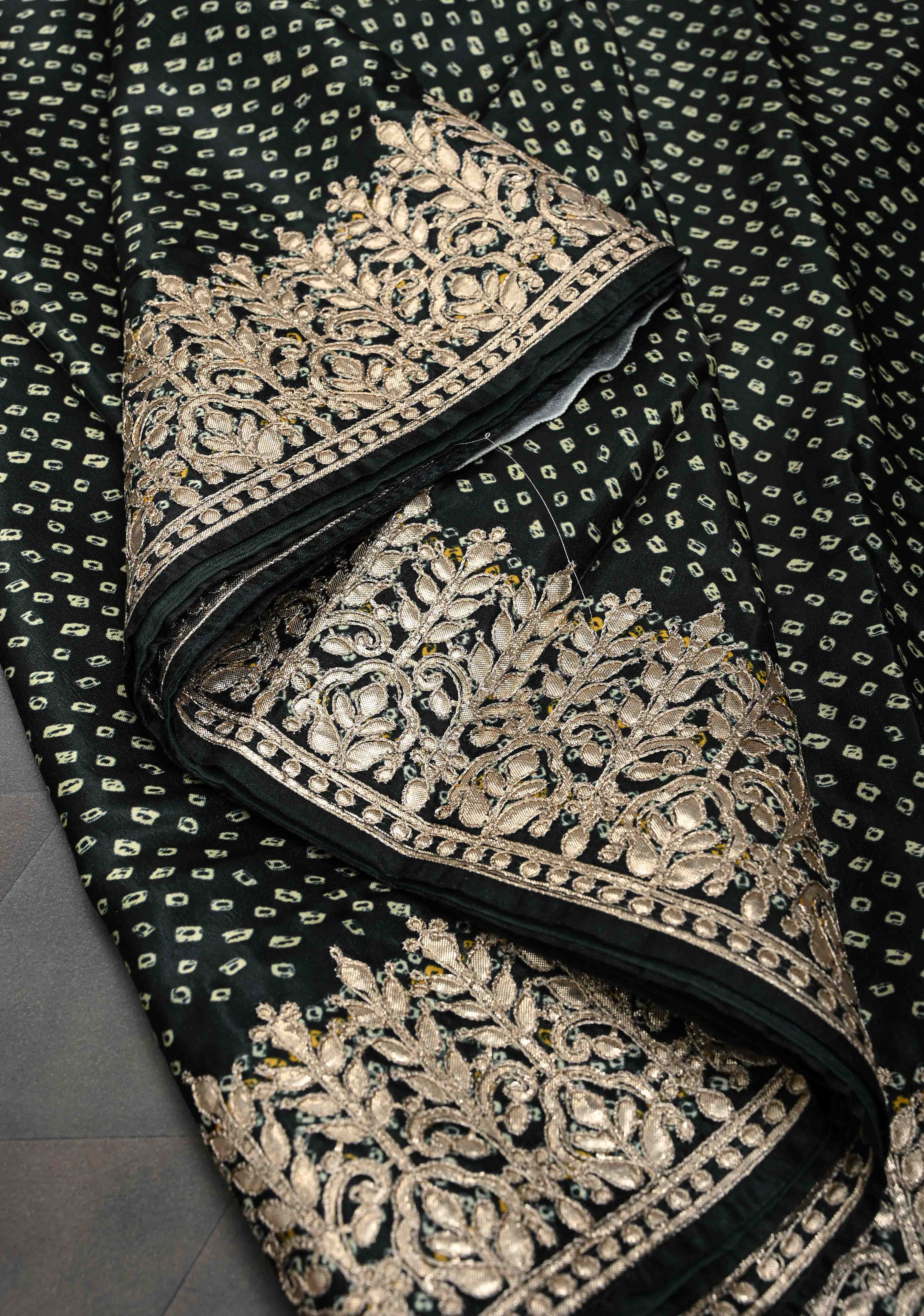 Deep Green Gajji Silk Saree with Bandhni Digital Print and Gotta Patti Borders and Crushed Pallu | Shobitam