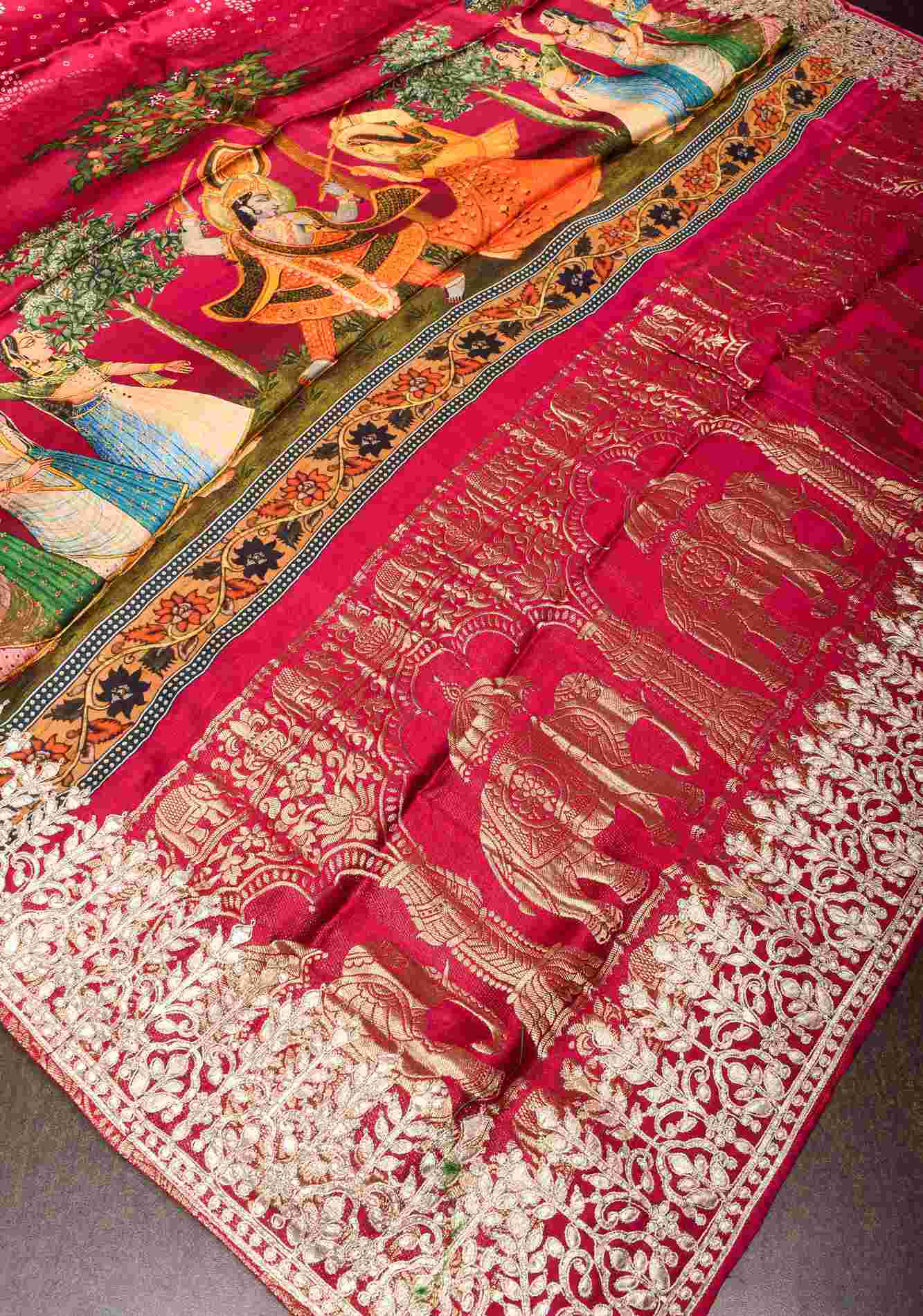 Pre drape Magenta Bandhni Digital Print Gajji Silk Saree with Radha-Krishna Print Pallu and Gotta Patti Border