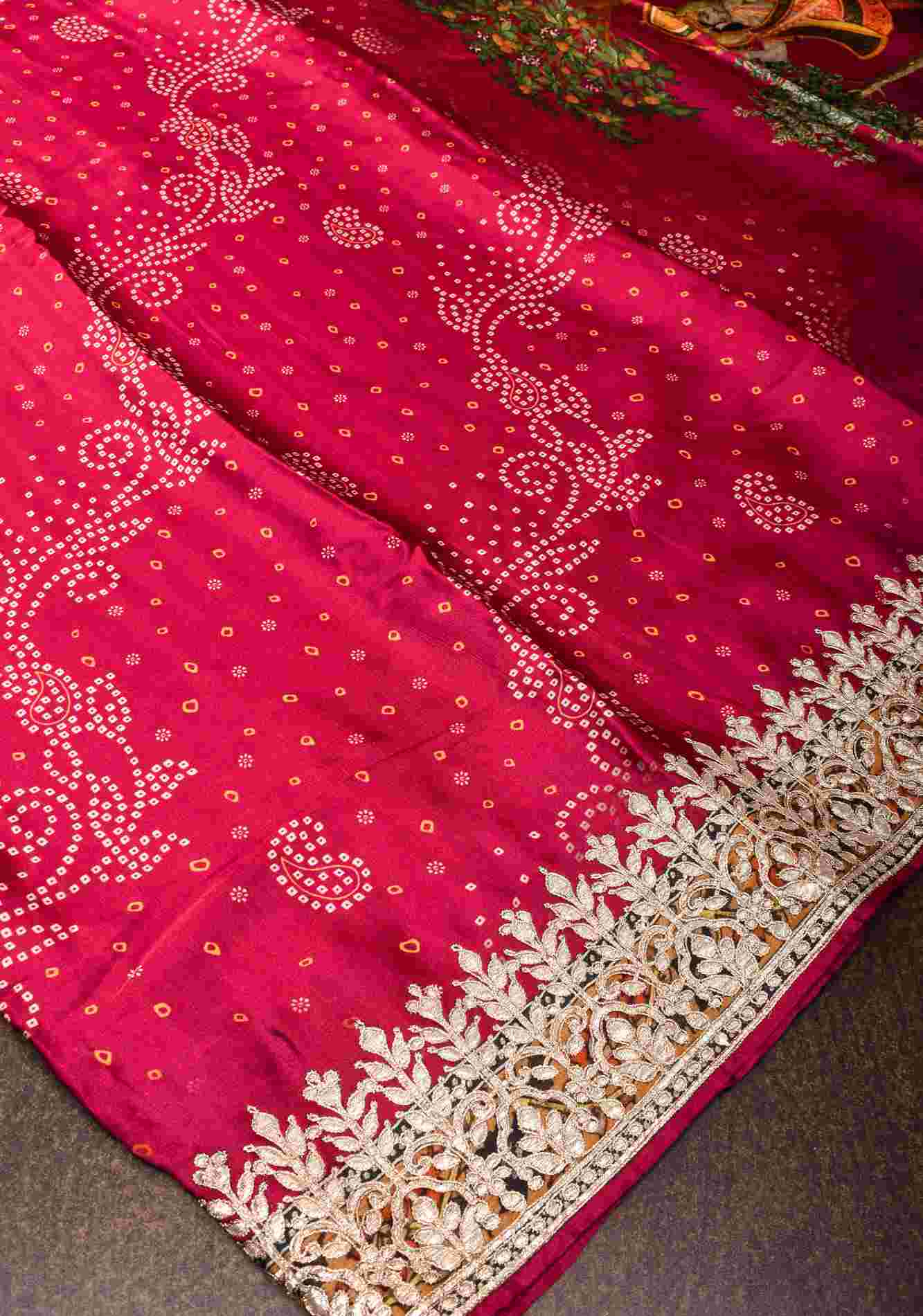 Pre drape Magenta Bandhni Digital Print Gajji Silk Saree with Radha-Krishna Print Pallu and Gotta Patti Border