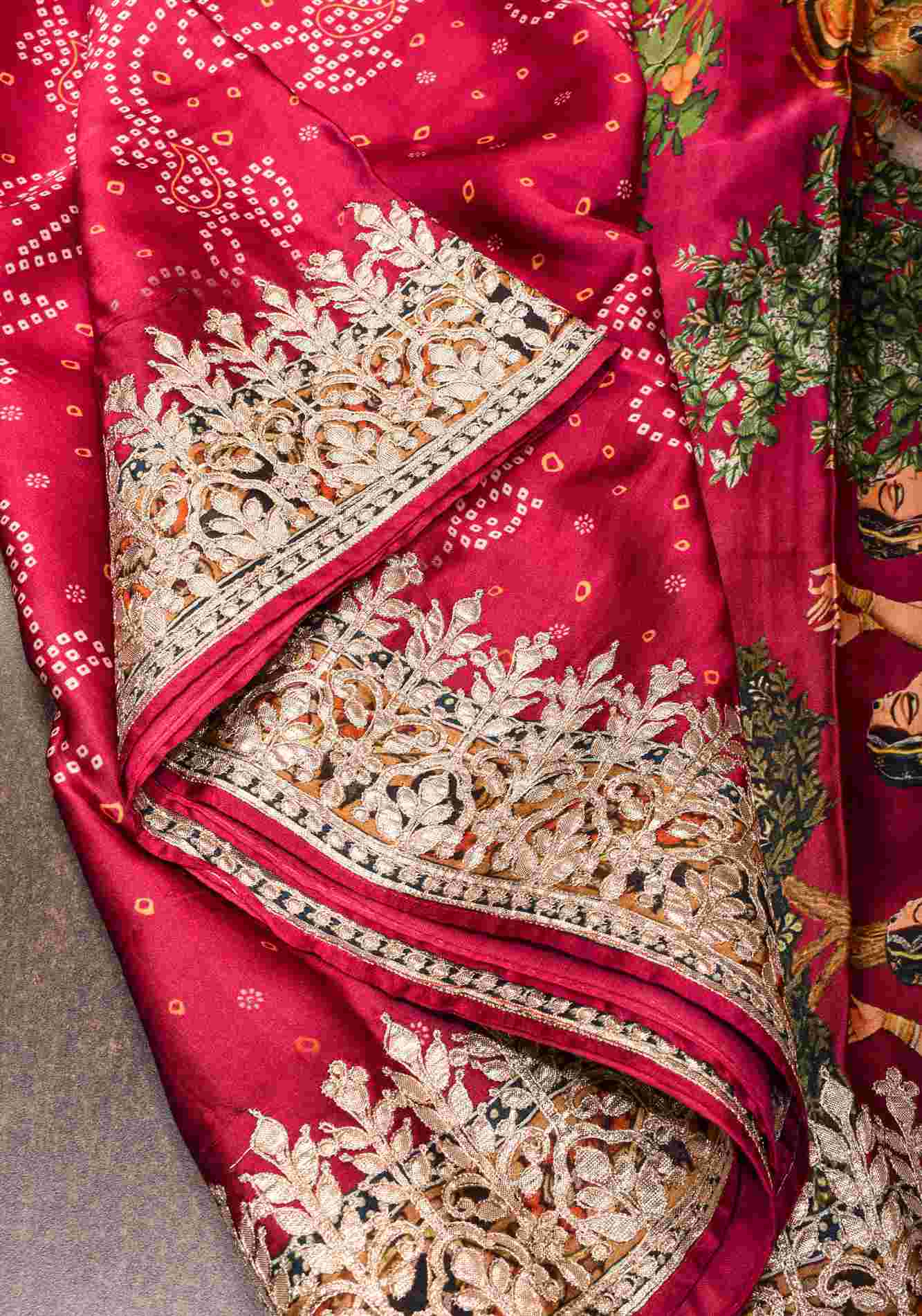 Pre drape Magenta Bandhni Digital Print Gajji Silk Saree with Radha-Krishna Print Pallu and Gotta Patti Border