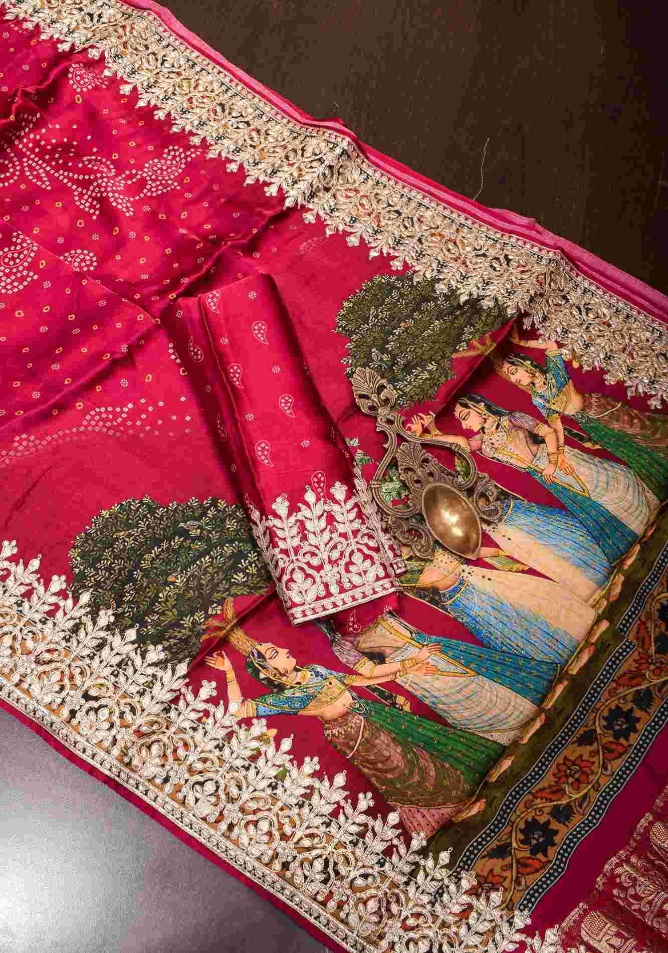 Pre drape Magenta Bandhni Digital Print Gajji Silk Saree with Radha-Krishna Print Pallu and Gotta Patti Border