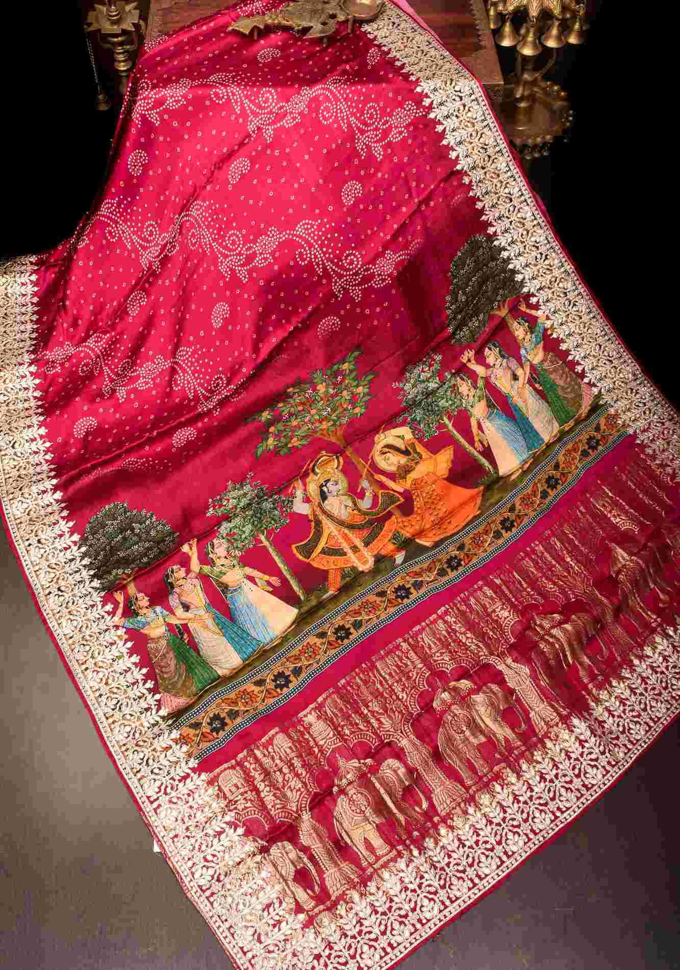 Pre drape Magenta Bandhni Digital Print Gajji Silk Saree with Radha-Krishna Print Pallu and Gotta Patti Border