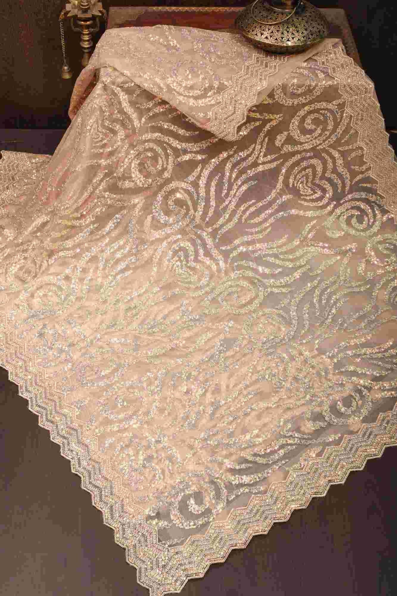 Ready To Wear Light Champagne Color Swirl Design Sequins on Net Saree