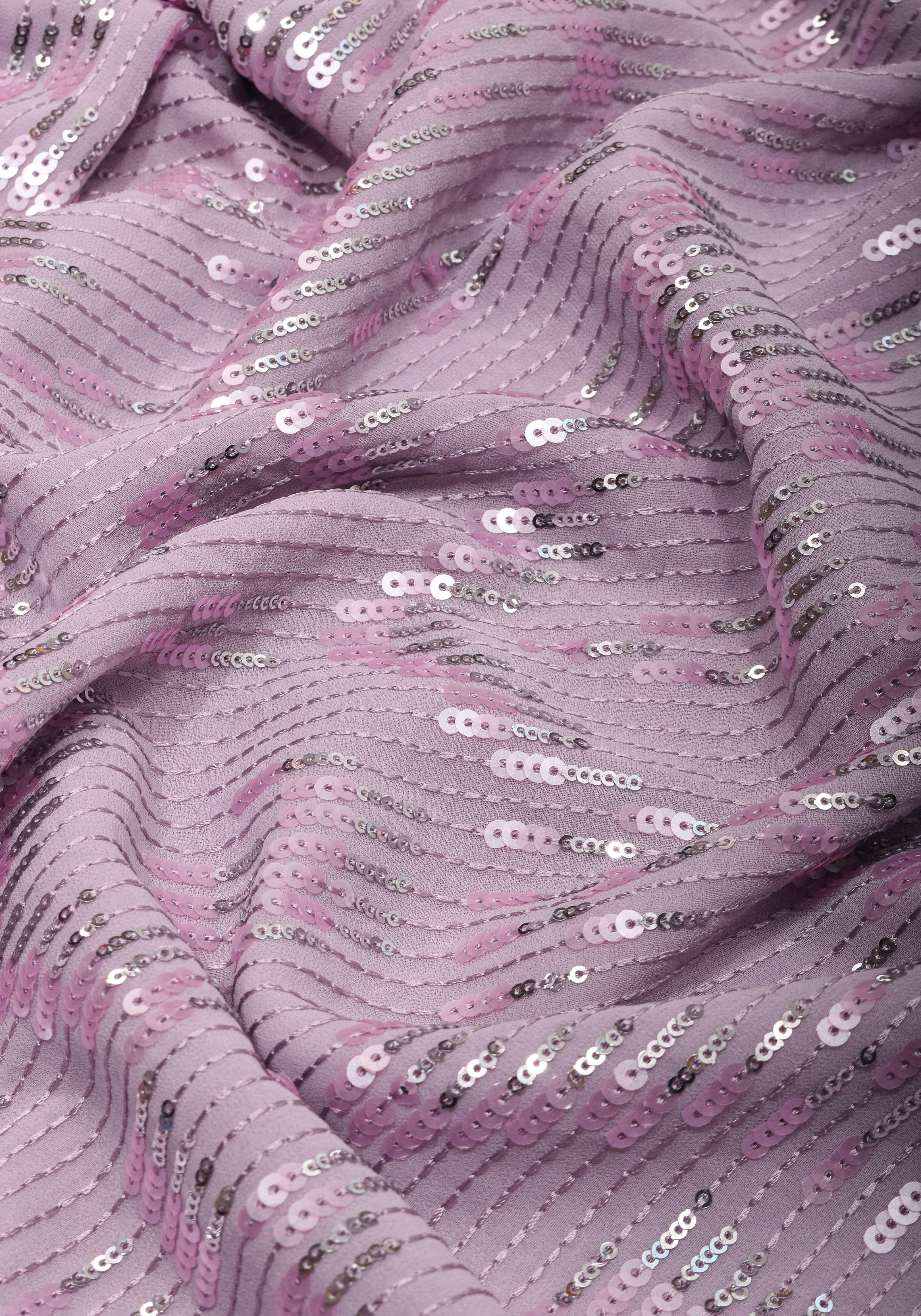Full Sequins Embellished Georgette Saree in mauve with Scalloped border | Shobitam